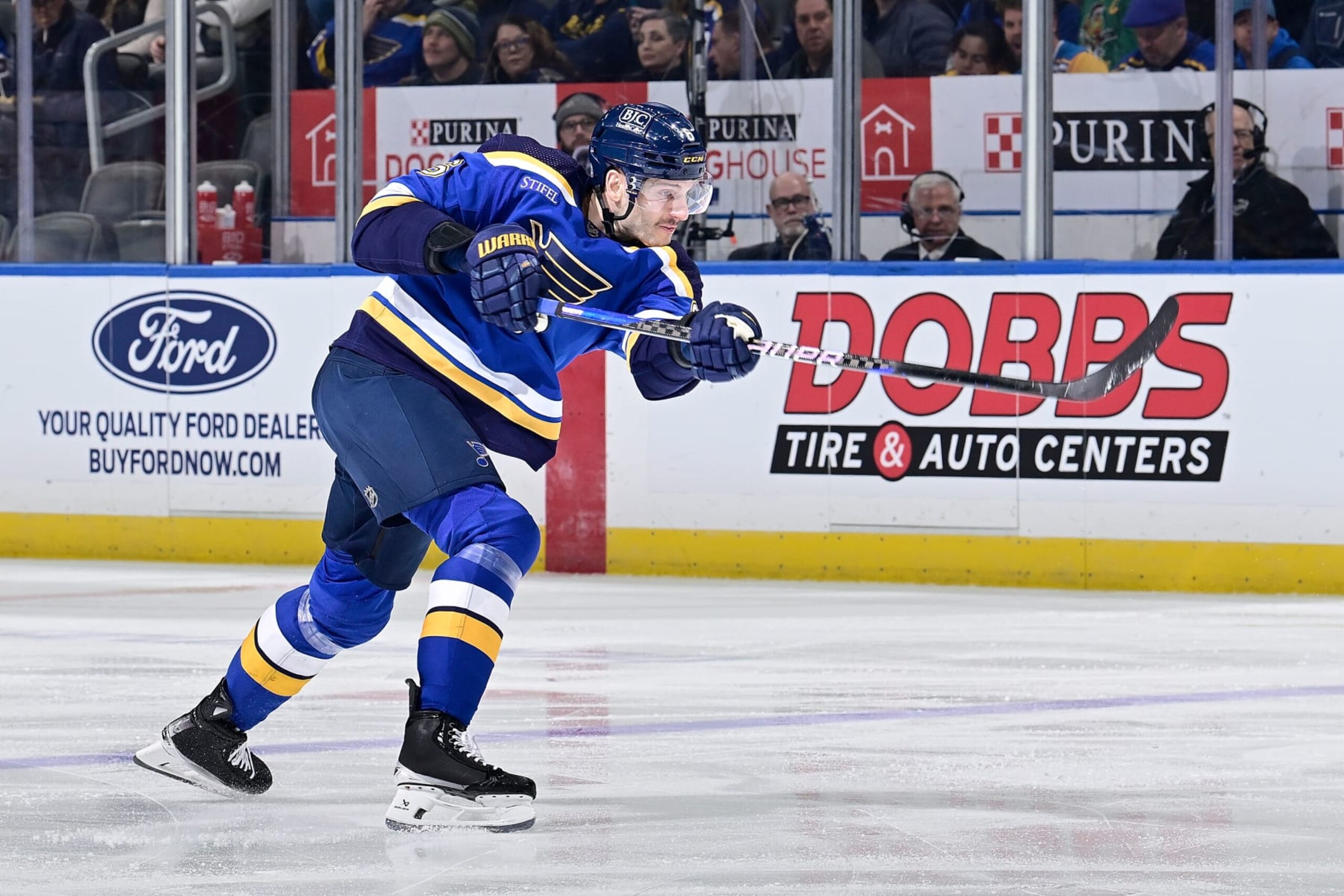 ST. LOUIS, MO - JANUARY 30: Marco Scandella #6 of the St. Louis Blues takes a shot against the Columbus Blue Jackets in the second period on January 30, 2024 at the Enterprise Center in St. Louis, Missouri. (Photo by Scott Rovak/NHLI via Getty Images)