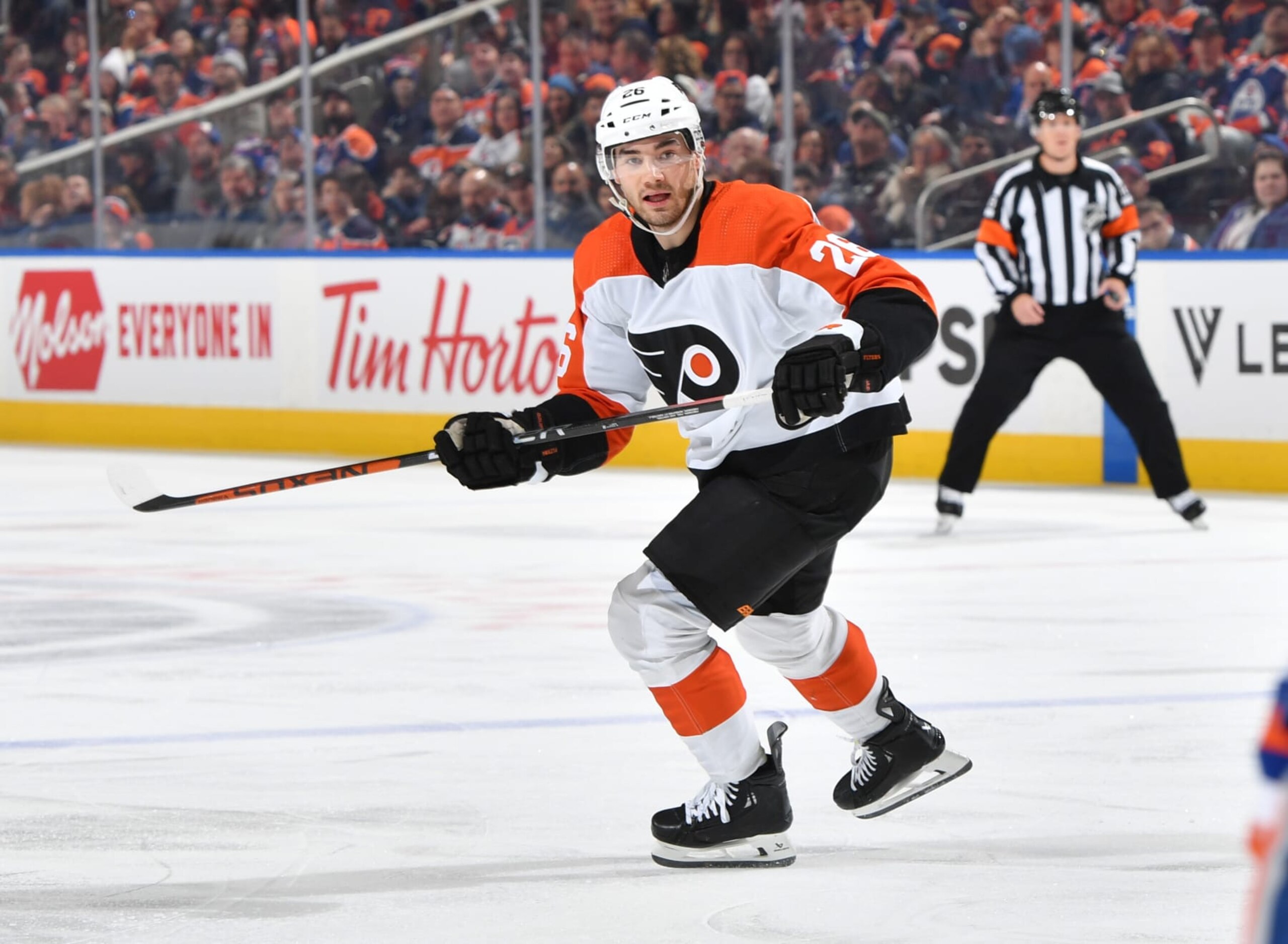EDMONTON, CANADA - JANUARY 2: Sean Walker #26 of the Philadelphia Flyers skates during the game against the Edmonton Oilers at Rogers Place on January 02, 2024, in Edmonton, Alberta, Canada. (Photo by Andy Devlin/NHLI via Getty Images)