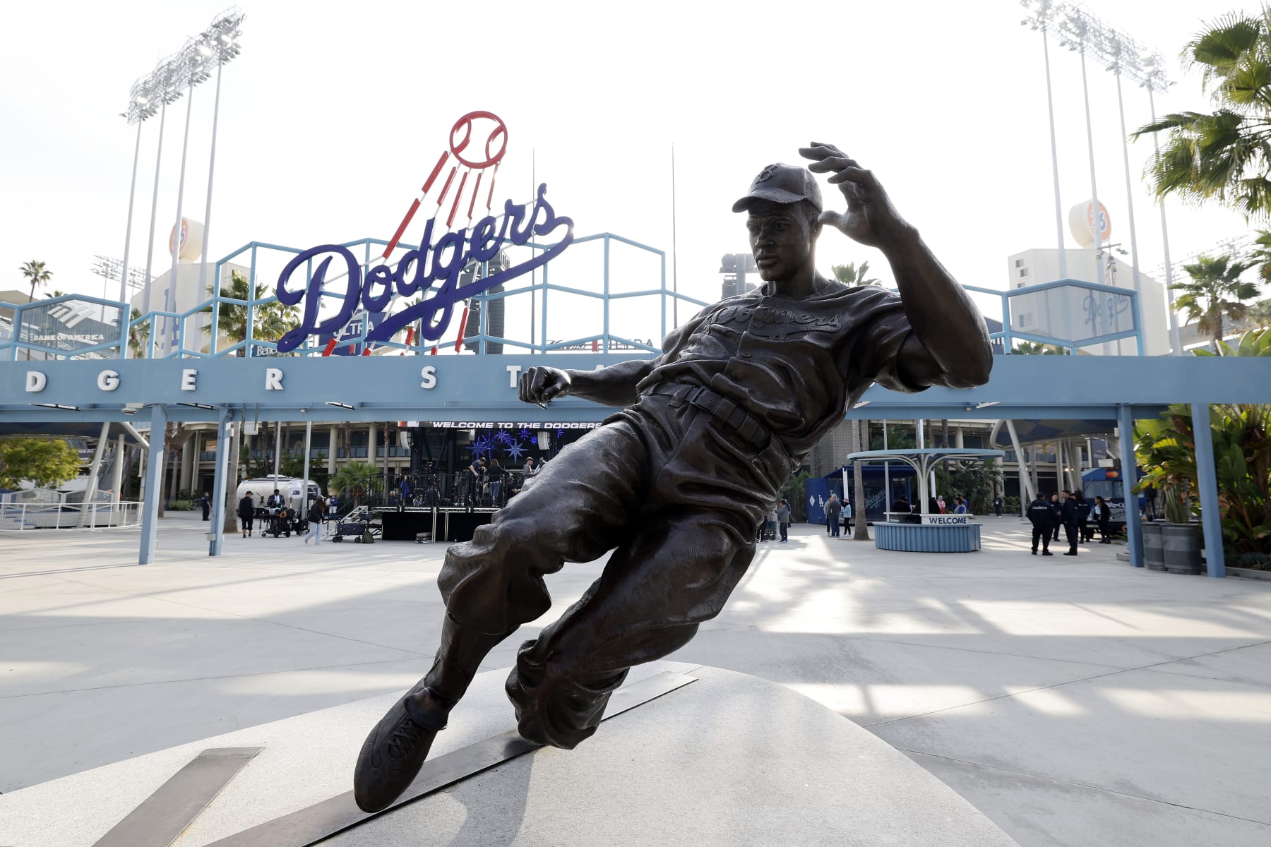 LOS ANGELES, CALIFORNIA - DECEMBER 27: General view of a Jackie Robinson statue prior to a press conference introducing Yoshinobu Yamamoto at Dodger Stadium on December 27, 2023 in Los Angeles, California. (Photo by Kevork Djansezian/Getty Images)