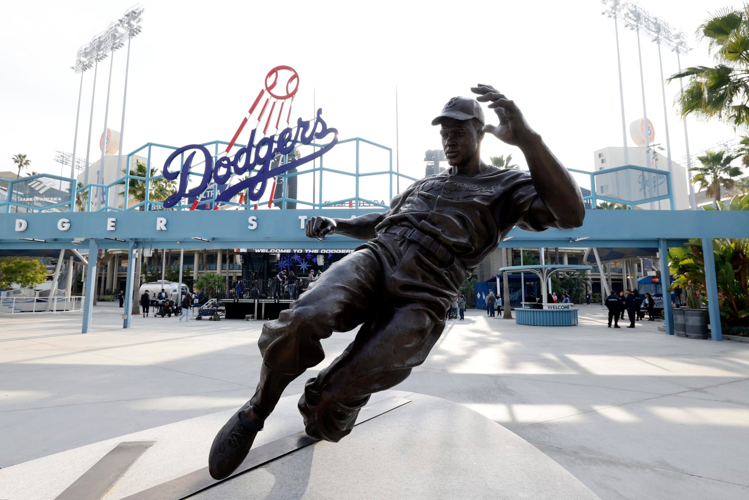 LOS ANGELES, CALIFORNIA - DECEMBER 27: General view of a Jackie Robinson statue prior to a press conference introducing Yoshinobu Yamamoto at Dodger Stadium on December 27, 2023 in Los Angeles, California. (Photo by Kevork Djansezian/Getty Images)