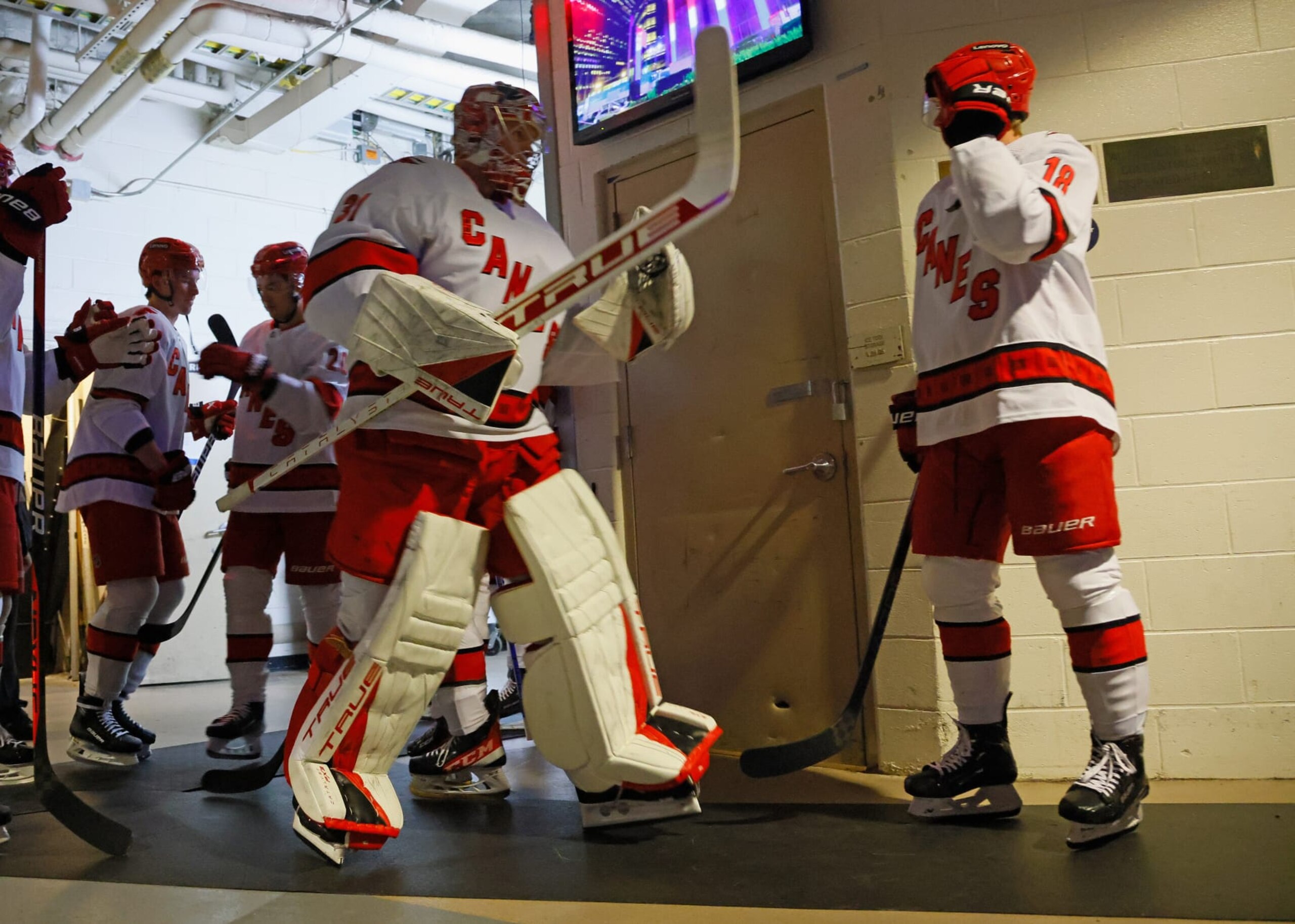 NEW YORK, NEW YORK - NOVEMBER 02: Frederik Andersen #31 of the Carolina Hurricanes heads out for warmups prior to the game against the New York Rangers at Madison Square Garden on November 02, 2023 in New York City. (Photo by Bruce Bennett/Getty Images)