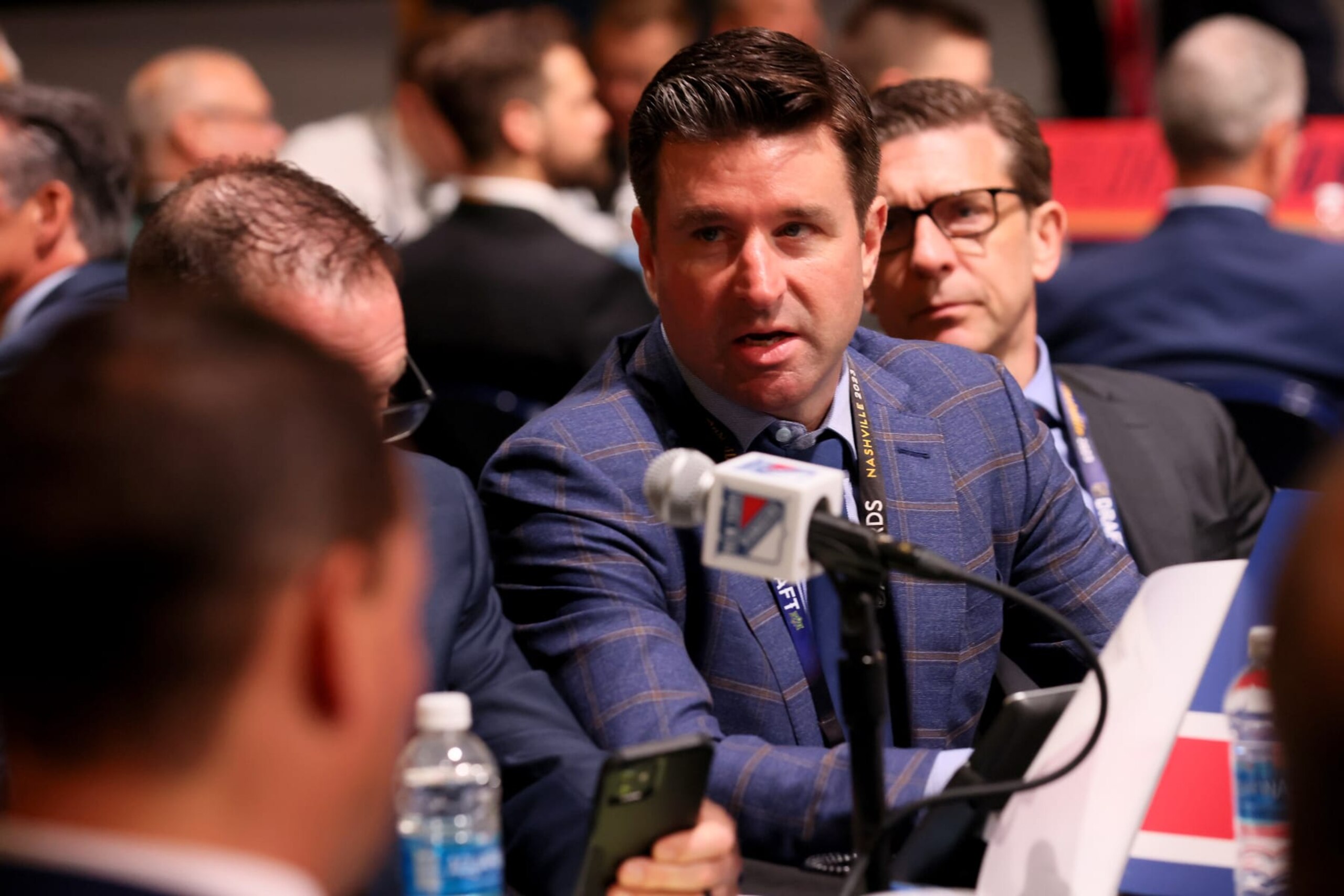 NASHVILLE, TENNESSEE - JUNE 29: Chris Drury, President and General Manager of the New York Rangers talks during the 2023 Upper Deck NHL Draft at Bridgestone Arena on June 29, 2023 in Nashville, Tennessee. (Photo by Bruce Bennett/Getty Images)