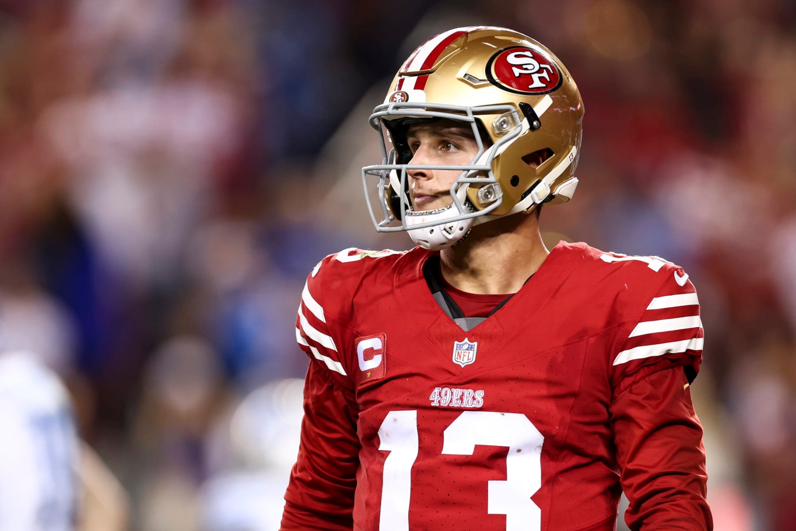 SANTA CLARA, CA - JANUARY 28: Brock Purdy #13 of the San Francisco 49ers looks on after a play during the NFC Championship NFL football game against the Detroit Lions at Levi's Stadium on January 28, 2024 in Santa Clara, California. (Photo by Kevin Sabitus/Getty Images)
