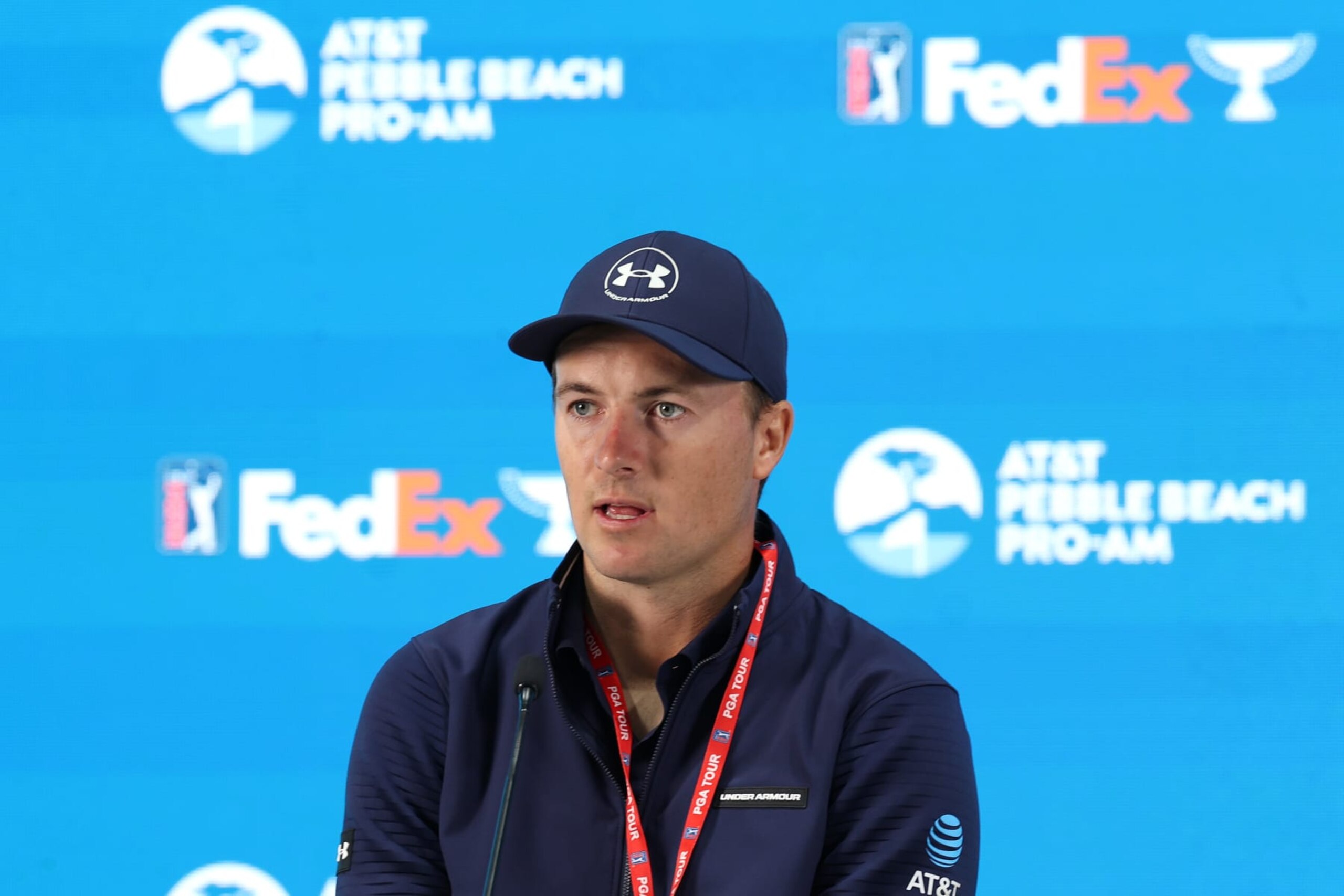 PEBBLE BEACH, CALIFORNIA - JANUARY 31: Jordan Spieth of the United States is interviewed prior to the AT&T Pebble Beach Pro-Am at Pebble Beach Golf Links on January 31, 2024 in Pebble Beach, California. (Photo by Christian Petersen/Getty Images)