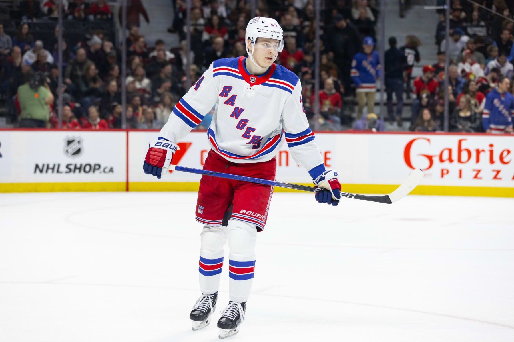 OTTAWA, ON - JANUARY 27: New York Rangers Right Wing Kaapo Kakko (24) after a whistle during second period National Hockey League action between the New York Rangers and Ottawa Senators on January 27, 2024, at Canadian Tire Centre in Ottawa, ON, Canada. (Photo by Richard A. Whittaker/Icon Sportswire via Getty Images)