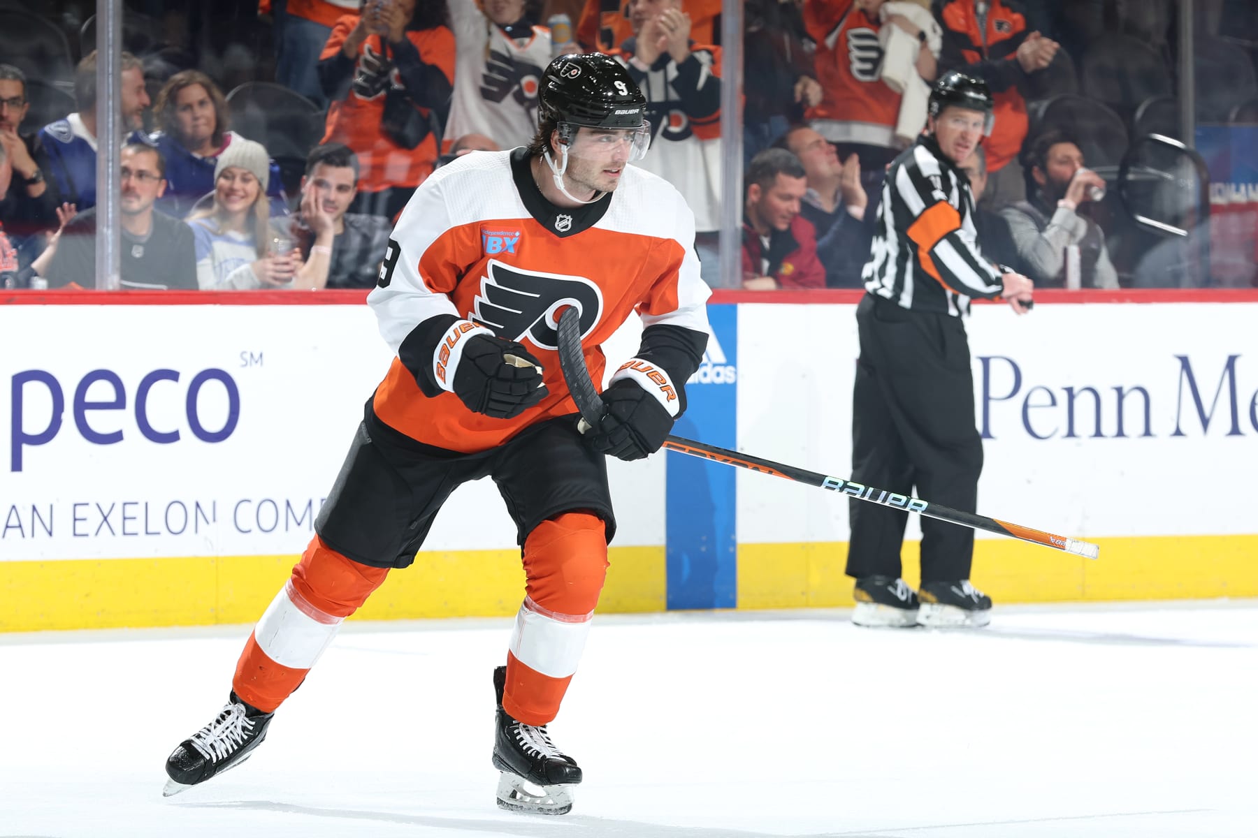 PHILADELPHIA, PENNSYLVANIA - JANUARY 23: Jamie Drysdale #9 of the Philadelphia Flyers reacts after scoring during the second period against the Tampa Bay Lightning at the Wells Fargo Center on January 23, 2024 in Philadelphia, Pennsylvania. (Photo by Tim Nwachukwu/Getty Images)