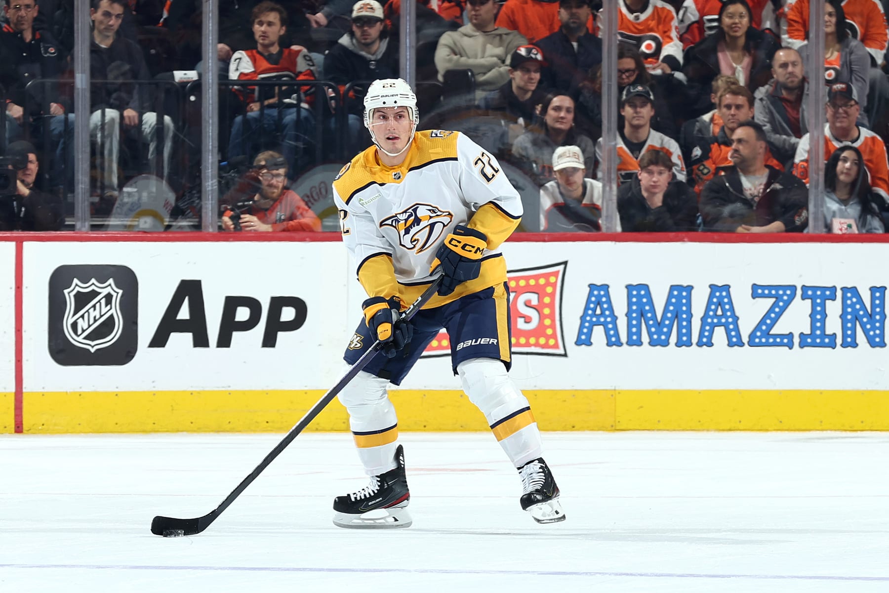 PHILADELPHIA, PENNSYLVANIA - DECEMBER 21: Tyson Barrie #22 of the Nashville Predators skates with the puck against the Philadelphia Flyers at the Wells Fargo Center on December 21, 2023 in Philadelphia, Pennsylvania. (Photo by Tim Nwachukwu/Getty Images)