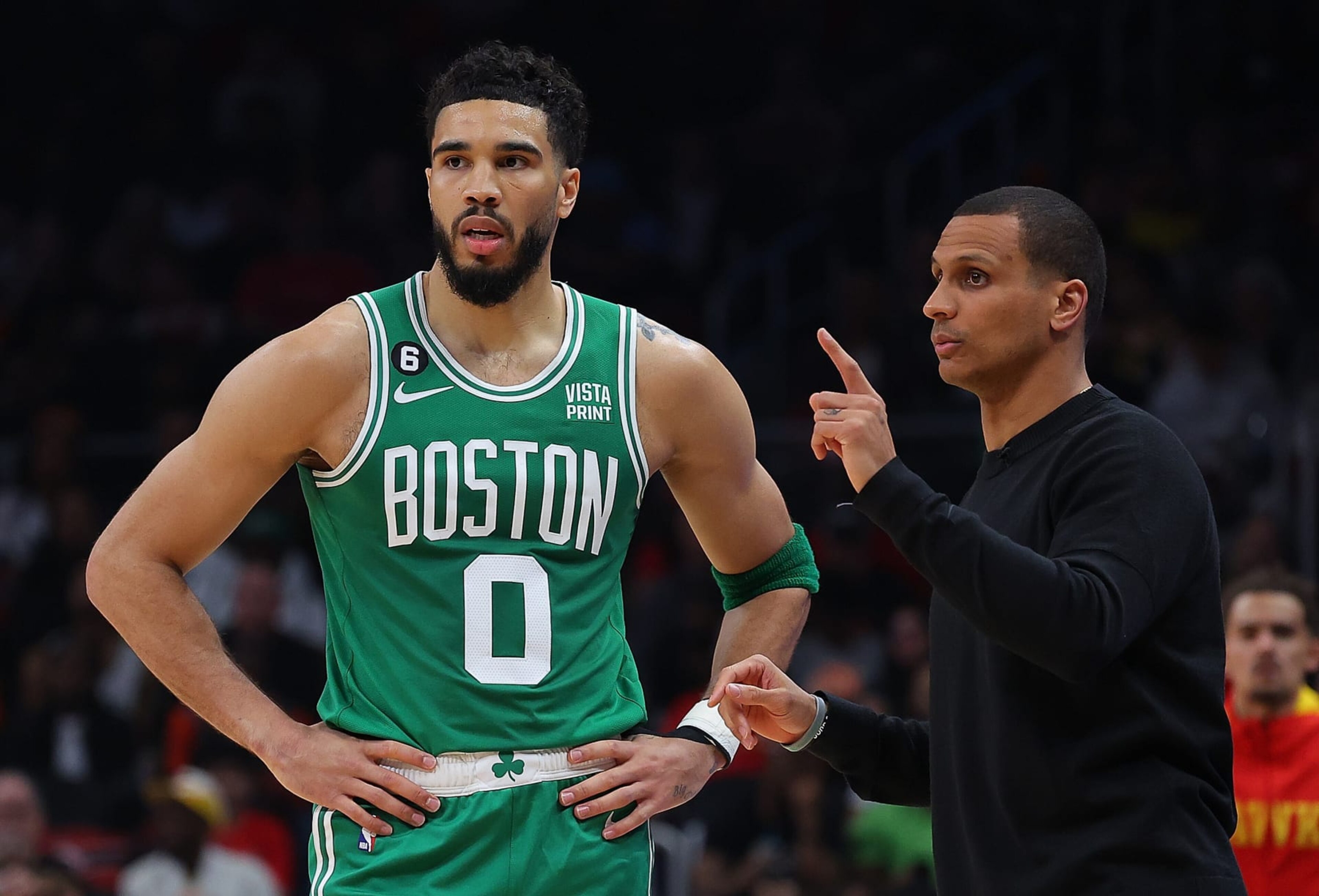ATLANTA, GEORGIA - APRIL 23: Head coach Joe Mazzulla of the Boston Celtics converses with Jayson Tatum #0 during the first quarter of Game Four of the Eastern Conference First Round Playoffs against the Atlanta Hawks at State Farm Arena on April 23, 2023 in Atlanta, Georgia. NOTE TO USER: User expressly acknowledges and agrees that, by downloading and or using this photograph, User is consenting to the terms and conditions of the Getty Images License Agreement. (Photo by Kevin C. Cox/Getty Images) ATLANTA, GEORGIA - APRIL 23: Head coach Joe Mazzulla of the Boston Celtics converses with Jayson Tatum #0 during the first quarter of Game Four of the Eastern Conference First Round Playoffs against the Atlanta Hawks at State Farm Arena on April 23, 2023 in Atlanta, Georgia. NOTE TO USER: User expressly acknowledges and agrees that, by downloading and or using this photograph, User is consenting to the terms and conditions of the Getty Images License Agreement. (Photo by Kevin C. Cox/Getty Images)