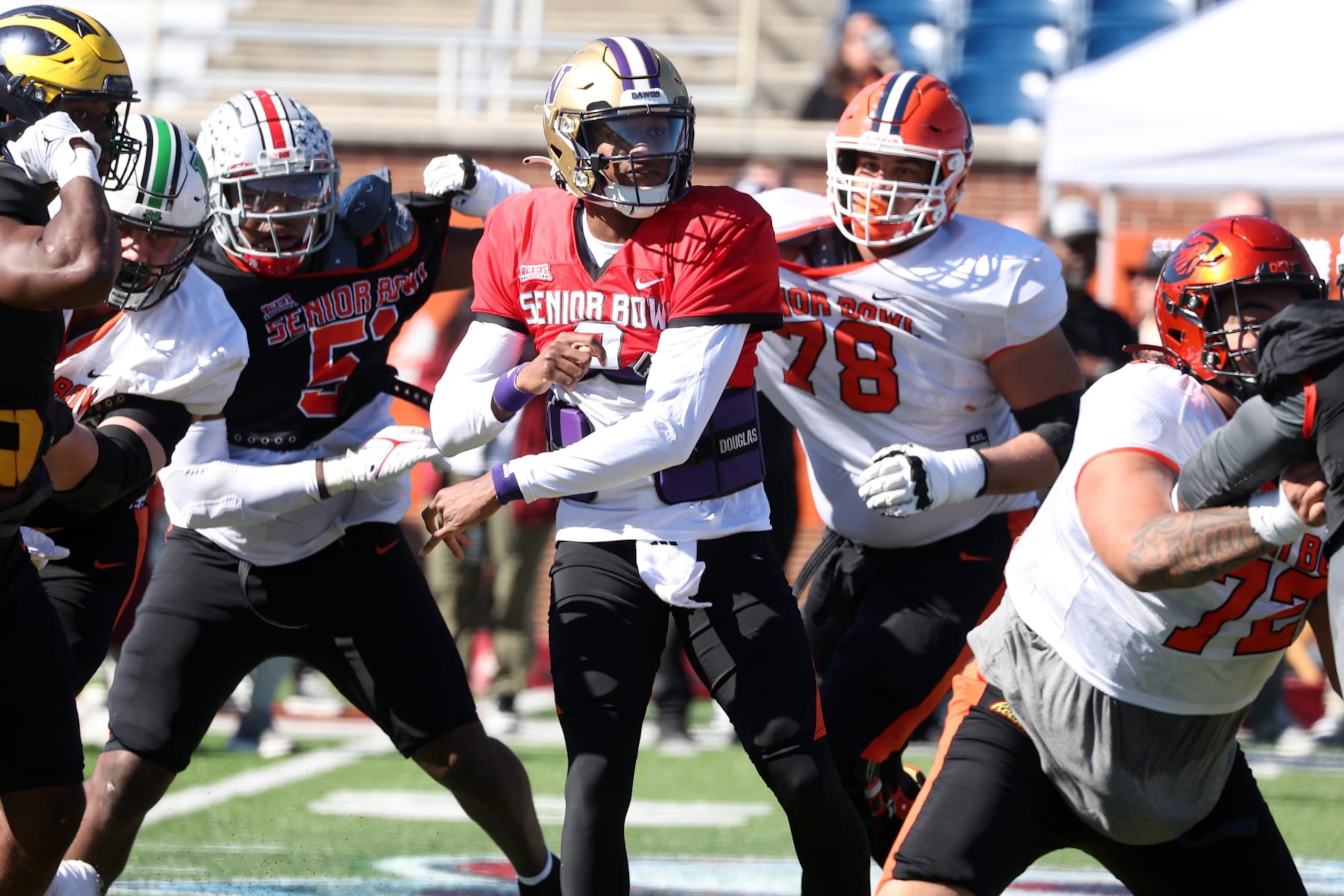 MOBILE, AL - JANUARY 31: National quarterback Michael Penix Jr. of Washington (9) during the National team practice for the Reese's Senior Bowl on January 31, 2024 at Hancock Whitney Stadium in Mobile, Alabama.  (Photo by Michael Wade/Icon Sportswire via Getty Images)