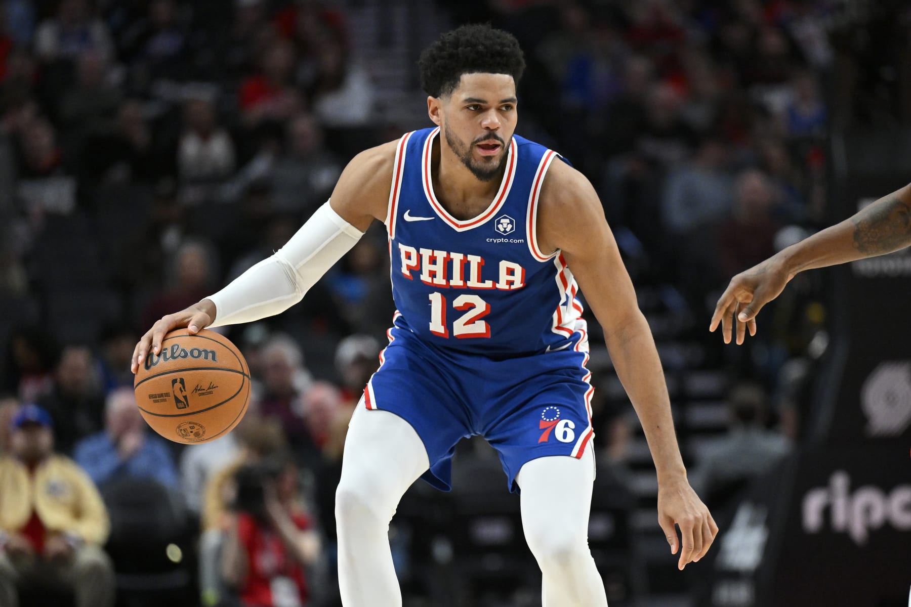 PORTLAND, OREGON - JANUARY 29: Tobias Harris #12 of the Philadelphia 76ers dribbles during the third quarter against the Portland Trail Blazers at the Moda Center on January 29, 2024 in Portland, Oregon. The Portland Trail Blazers won 130-104. NOTE TO USER: User expressly acknowledges and agrees that, by downloading and or using this photograph, User is consenting to the terms and conditions of the Getty Images License Agreement. (Photo by Alika Jenner/Getty Images)