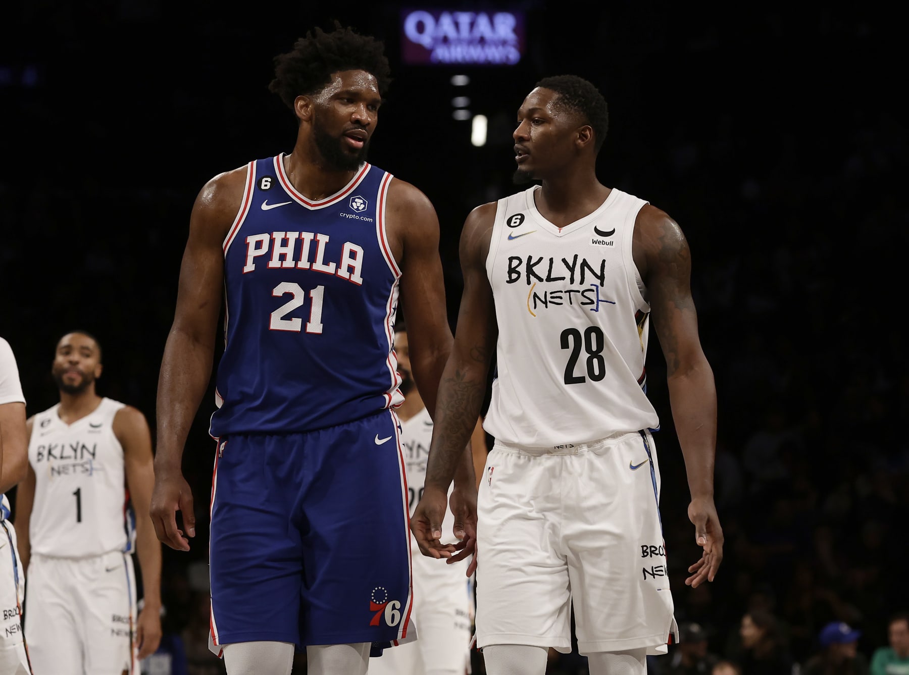 NEW YORK, NEW YORK - FEBRUARY 11: (NEW YORK DAILIES OUT)  Joel Embiid #21 of the Philadelphia 76ers in action against Dorian Finney-Smith #28 of the Brooklyn Nets at Barclays Center on February 11, 2023 in New York City. The 76ers defeated the Nets 101-98. NOTE TO USER: User expressly acknowledges and agrees that, by downloading and or using this photograph, User is consenting to the terms and conditions of the Getty Images License Agreement. (Photo by Jim McIsaac/Getty Images)