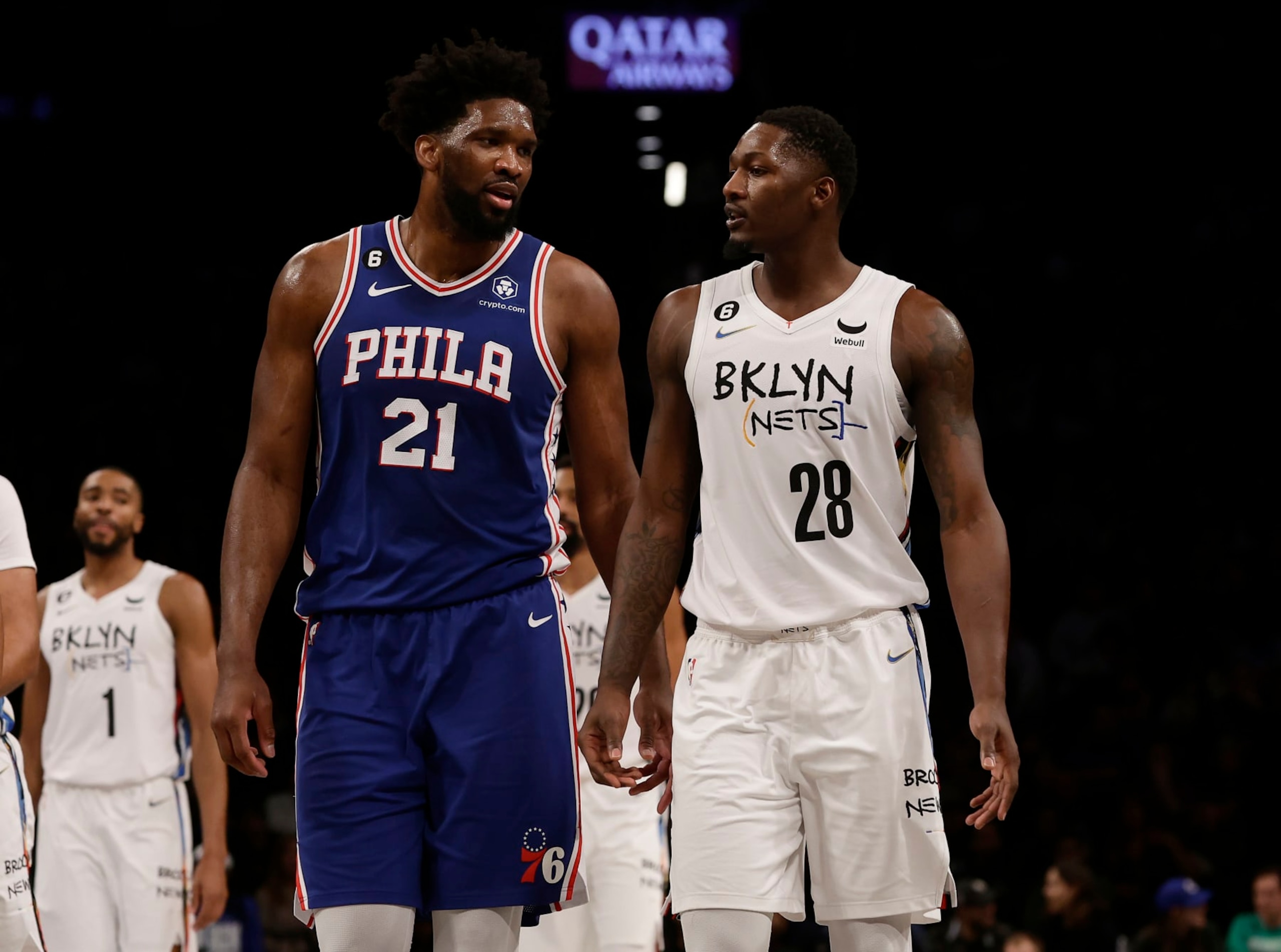 NEW YORK, NEW YORK - FEBRUARY 11: (NEW YORK DAILIES OUT)  Joel Embiid #21 of the Philadelphia 76ers in action against Dorian Finney-Smith #28 of the Brooklyn Nets at Barclays Center on February 11, 2023 in New York City. The 76ers defeated the Nets 101-98. NOTE TO USER: User expressly acknowledges and agrees that, by downloading and or using this photograph, User is consenting to the terms and conditions of the Getty Images License Agreement. (Photo by Jim McIsaac/Getty Images)