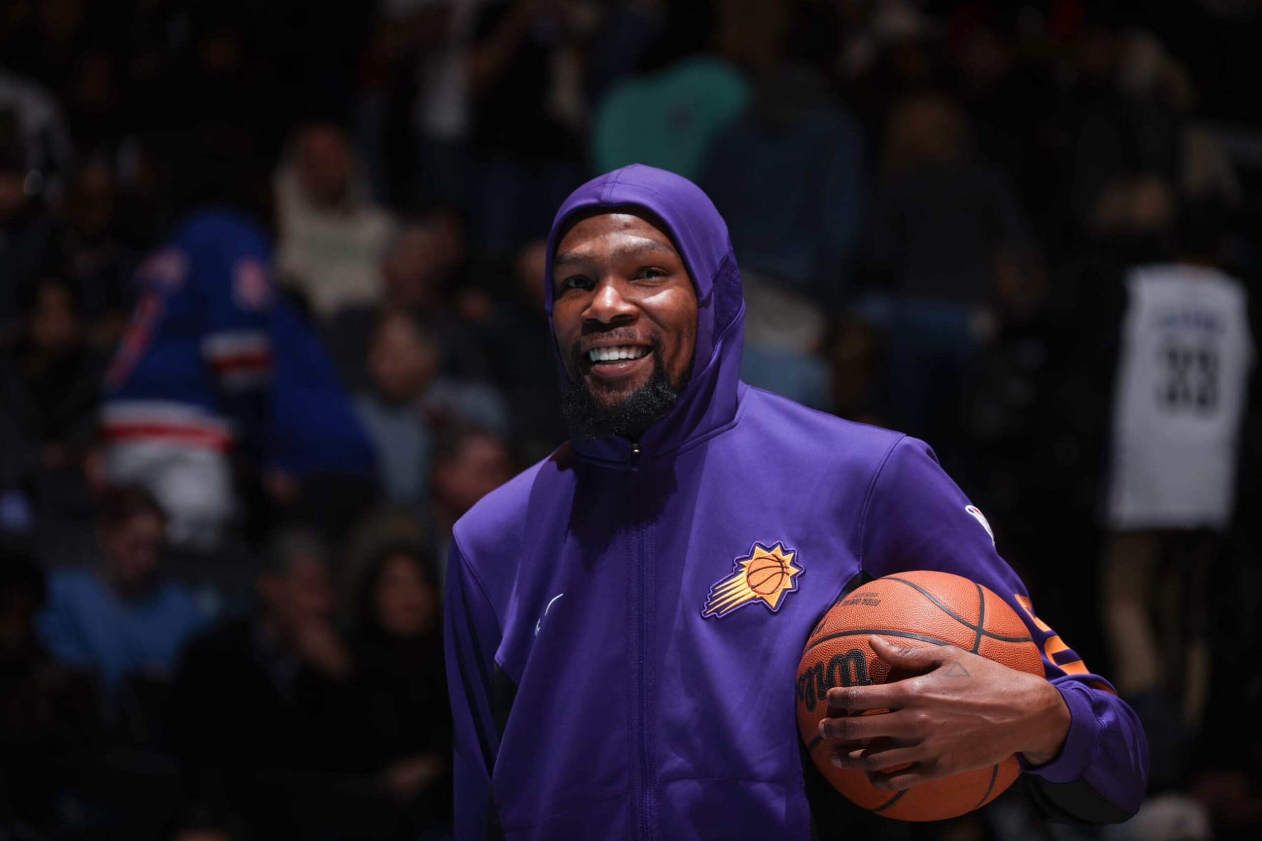 BROOKLYN, NY - JANUARY 31: Kevin Durant #35 of the Phoenix Suns smiles during the game against the Brooklyn Nets on January 31, 2024 at Barclays Center in Brooklyn, New York. NOTE TO USER: User expressly acknowledges and agrees that, by downloading and or using this Photograph, user is consenting to the terms and conditions of the Getty Images License Agreement. Mandatory Copyright Notice: Copyright 2024 NBAE (Photo by Nathaniel S. Butler/NBAE via Getty Images)