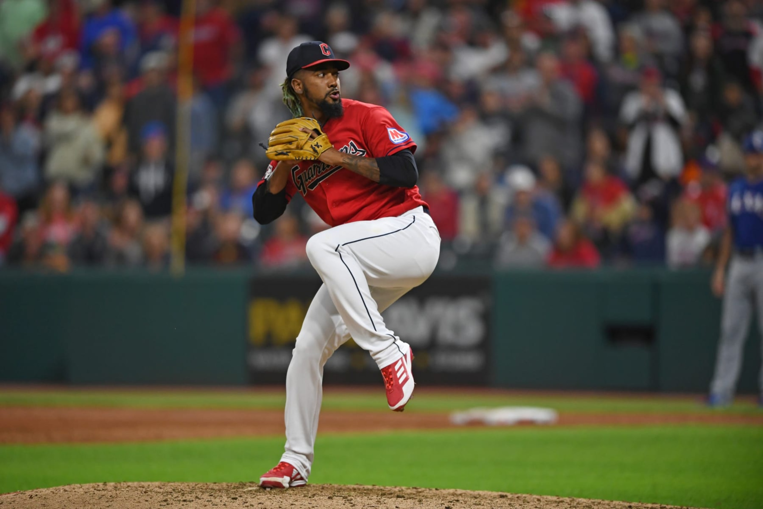 CLEVELAND, OHIO - SEPTEMBER 16, 2023: Emmanuel Clase #48 of the Cleveland Guardians throws a pitch during the ninth inning against the Texas Rangers at Progressive Field on September 16, 2023 in Cleveland, Ohio. (Photo by George Kubas/Diamond Images via Getty Images) CLEVELAND, OHIO - SEPTEMBER 16, 2023: Emmanuel Clase #48 of the Cleveland Guardians throws a pitch during the ninth inning against the Texas Rangers at Progressive Field on September 16, 2023 in Cleveland, Ohio. (Photo by George Kubas/Diamond Images via Getty Images)