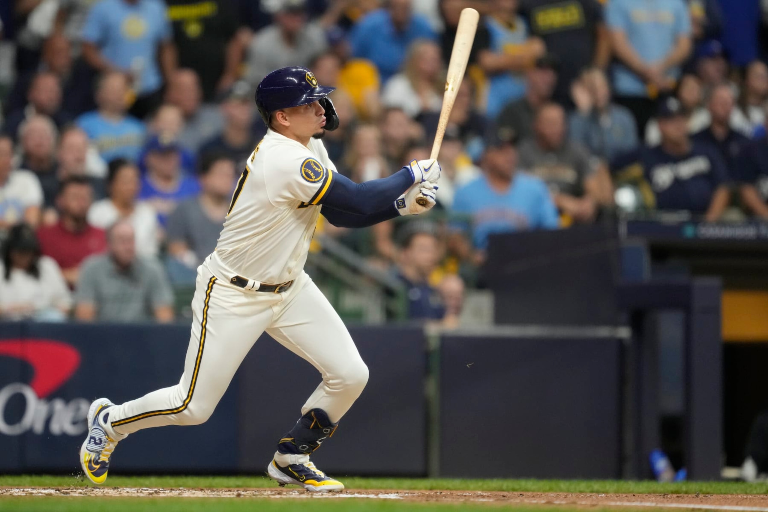 MILWAUKEE, WISCONSIN - OCTOBER 04: Willy Adames #27 of the Milwaukee Brewers singles during the first inning against the Arizona Diamondbacks during Game Two of the Wild Card Series at American Family Field on October 04, 2023 in Milwaukee, Wisconsin. (Photo by Patrick McDermott/Getty Images) MILWAUKEE, WISCONSIN - OCTOBER 04: Willy Adames #27 of the Milwaukee Brewers singles during the first inning against the Arizona Diamondbacks during Game Two of the Wild Card Series at American Family Field on October 04, 2023 in Milwaukee, Wisconsin. (Photo by Patrick McDermott/Getty Images)