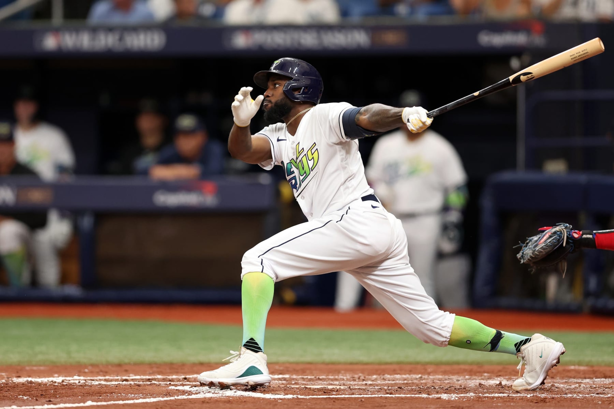 ST PETERSBURG, FLORIDA - OCTOBER 03: Randy Arozarena #56 of the Tampa Bay Rays hits a double in the third inning against the Texas Rangers during Game One of the Wild Card Series at Tropicana Field on October 03, 2023 in St Petersburg, Florida. (Photo by Megan Briggs/Getty Images) ST PETERSBURG, FLORIDA - OCTOBER 03: Randy Arozarena #56 of the Tampa Bay Rays hits a double in the third inning against the Texas Rangers during Game One of the Wild Card Series at Tropicana Field on October 03, 2023 in St Petersburg, Florida. (Photo by Megan Briggs/Getty Images)