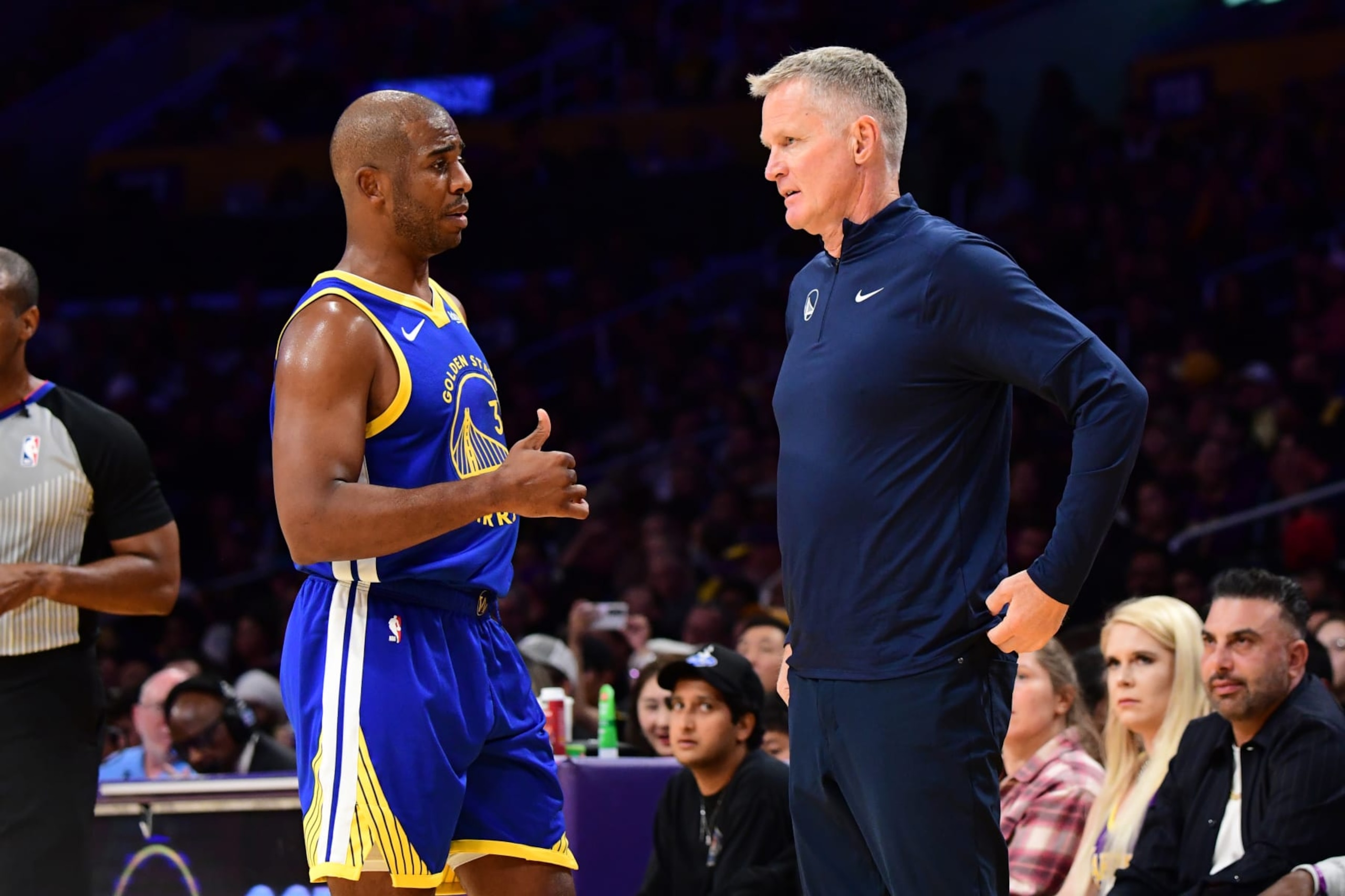 LOS ANGELES, CA - OCTOBER 13: Chris Paul #3 of the Golden State Warriors talks to Head Coach Steve Kerr of the Golden State Warriors during the game against the Los Angeles Lakers on October 13, 2023 at Crypto.Com Arena in Los Angeles, California. NOTE TO USER: User expressly acknowledges and agrees that, by downloading and/or using this Photograph, user is consenting to the terms and conditions of the Getty Images License Agreement. Mandatory Copyright Notice: Copyright 2023 NBAE (Photo by Adam Pantozzi/NBAE via Getty Images)