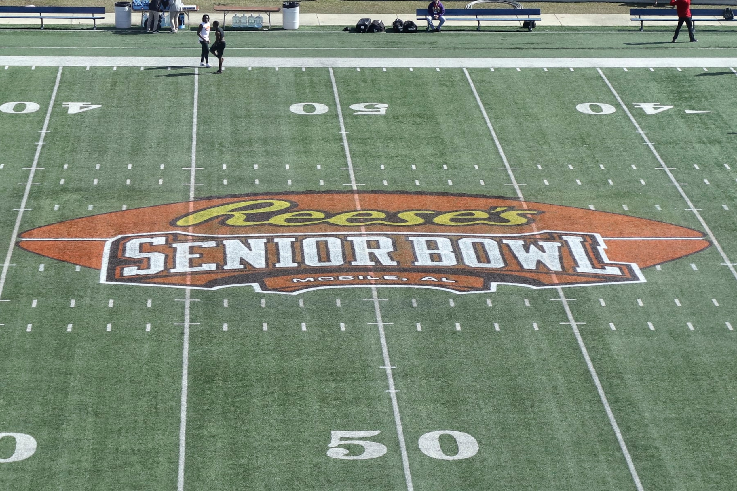 MOBILE, AL - JANUARY 26: A general view of the Reese's Senior Bowl logo at mid-field at Ladd-Peebles Stadium before the start of the 70th Annual Senior Bowl game on January 26, 2019 in Mobile, Alabama. The North defeated the South 34 to 24. (Photo by Don Juan Moore/Getty Images) *** Local Caption ***