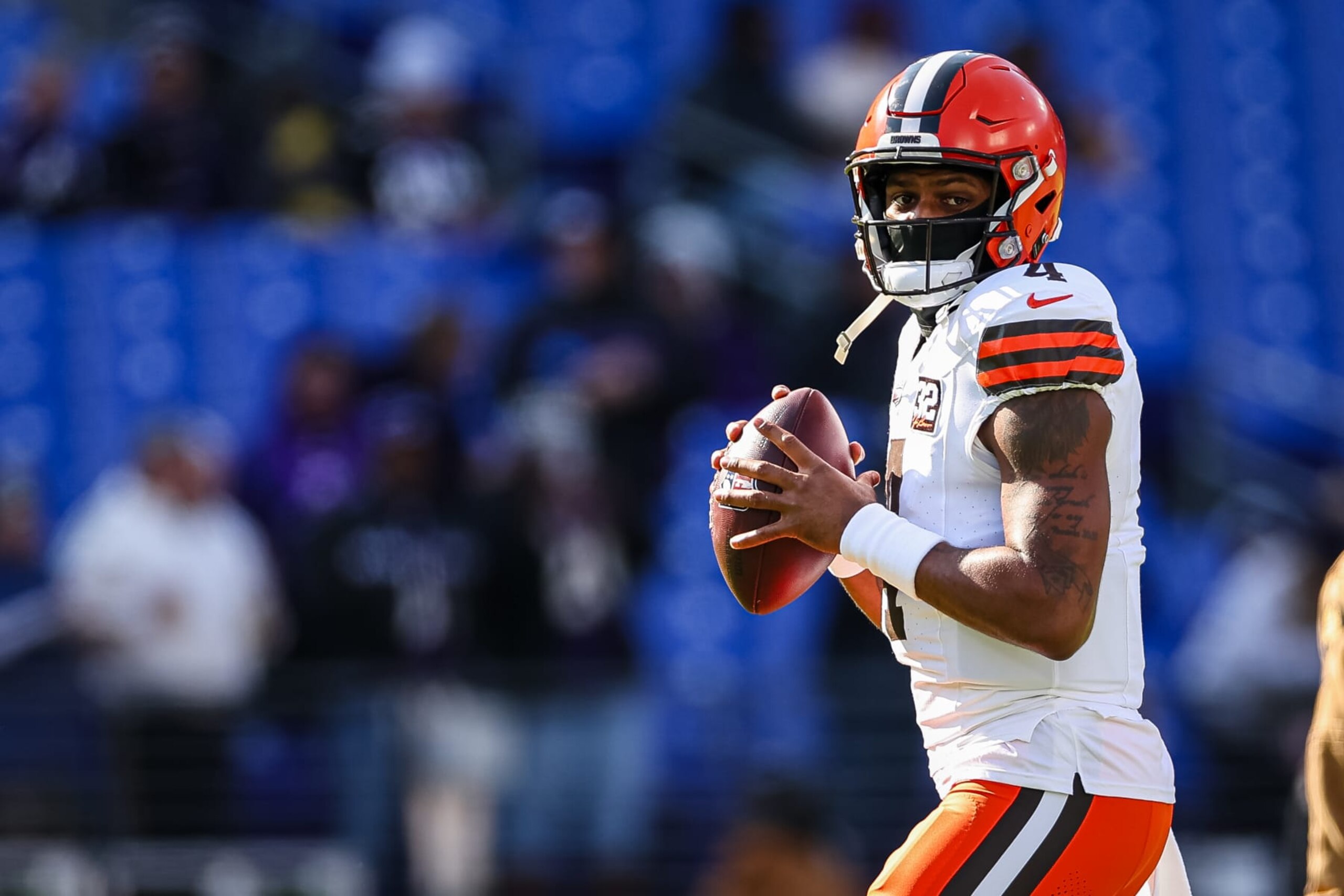 BALTIMORE, MD - NOVEMBER 12: Deshaun Watson #4 of the Cleveland Browns attempts a pass before the game against the Baltimore Ravens at M&T Bank Stadium on November 12, 2023 in Baltimore, Maryland. (Photo by Scott Taetsch/Getty Images) BALTIMORE, MD - NOVEMBER 12: Deshaun Watson #4 of the Cleveland Browns attempts a pass before the game against the Baltimore Ravens at M&T Bank Stadium on November 12, 2023 in Baltimore, Maryland. (Photo by Scott Taetsch/Getty Images)
