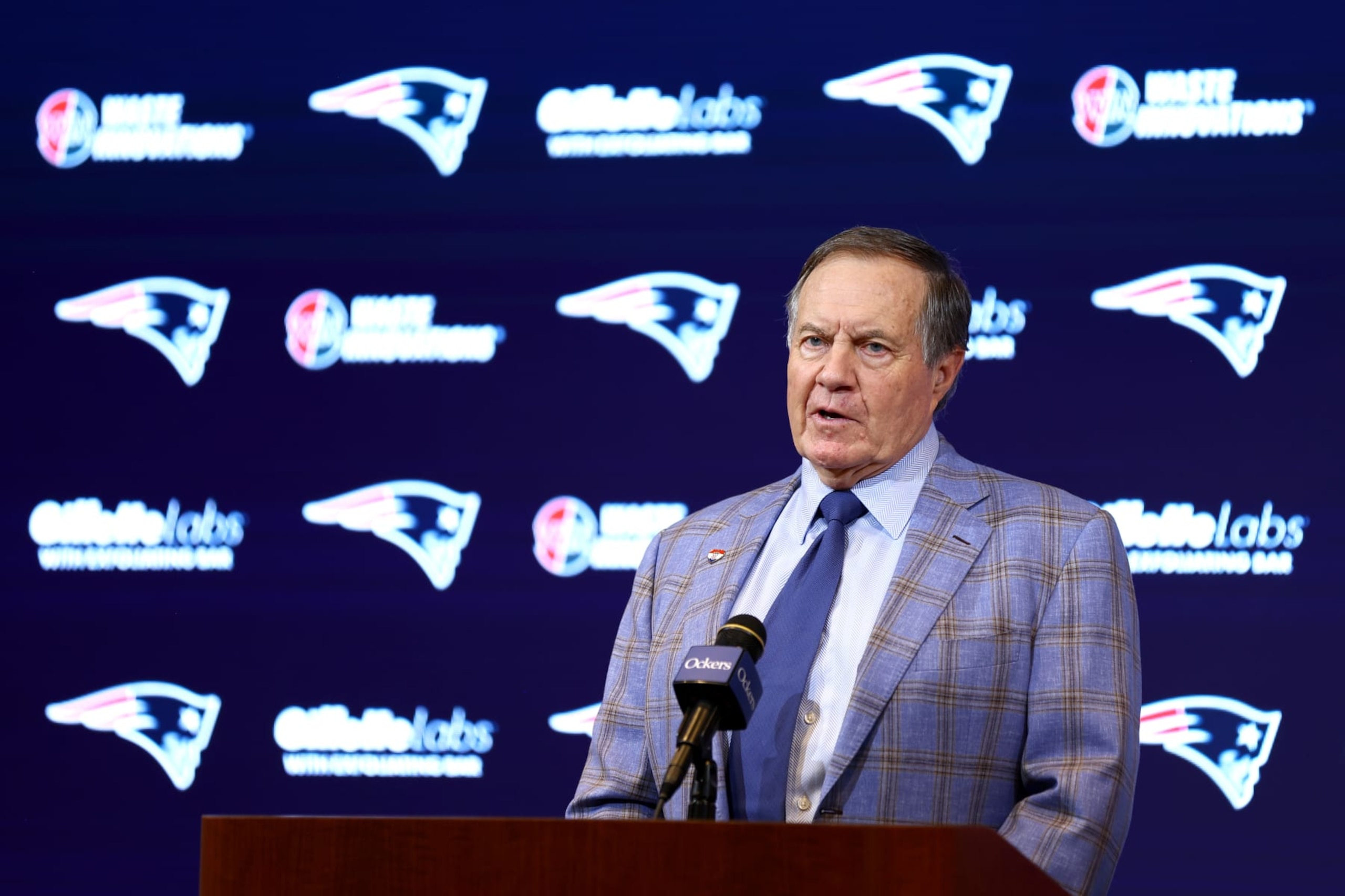 FOXBOROUGH, MASSACHUSETTS - JANUARY 11: Head coach Bill Belichick of the New England Patriots speaks to the media during a press conference at Gillette Stadium on January 11, 2024 in Foxborough, Massachusetts. Belichick announced he is stepping down as head coach after 24 seasons with the team. (Photo by Maddie Meyer/Getty Images)