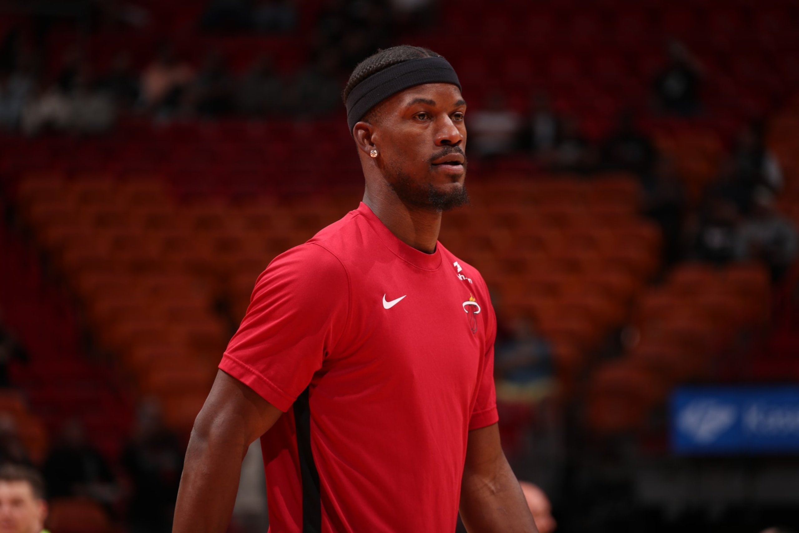 MIAMI, FL - JANUARY 31: Jimmy Butler #22 of the Miami Heat warms up before the game against the Sacramento Kings on January 31, 2024 at Kaseya Center in Miami, Florida. NOTE TO USER: User expressly acknowledges and agrees that, by downloading and or using this Photograph, user is consenting to the terms and conditions of the Getty Images License Agreement. Mandatory Copyright Notice: Copyright 2024 NBAE (Photo by Issac Baldizon/NBAE via Getty Images)