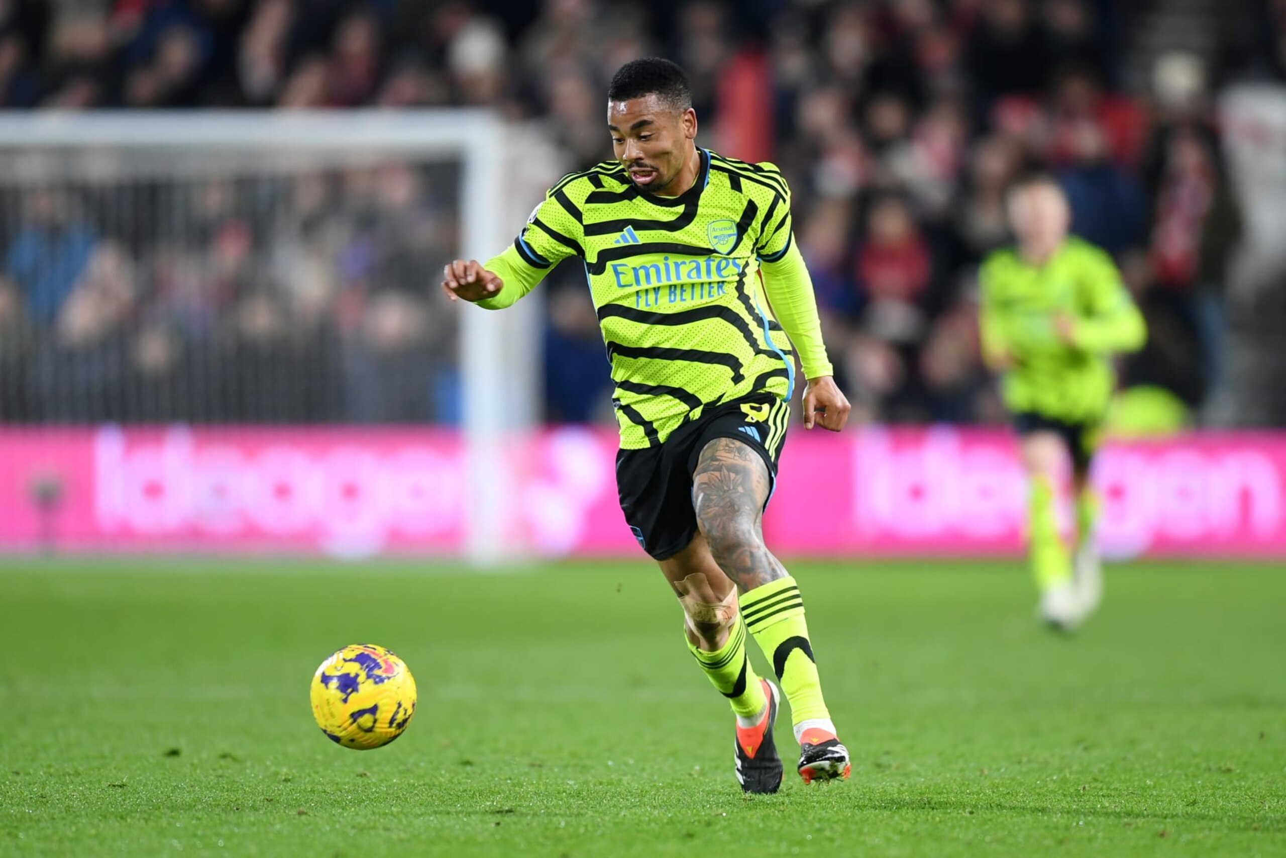 NOTTINGHAM, ENGLAND - JANUARY 30: Gabriel Jesus of Arsenal runs with the ball during the Premier League match between Nottingham Forest and Arsenal FC at City Ground on January 30, 2024 in Nottingham, England. (Photo by Stuart MacFarlane/Arsenal FC via Getty Images)