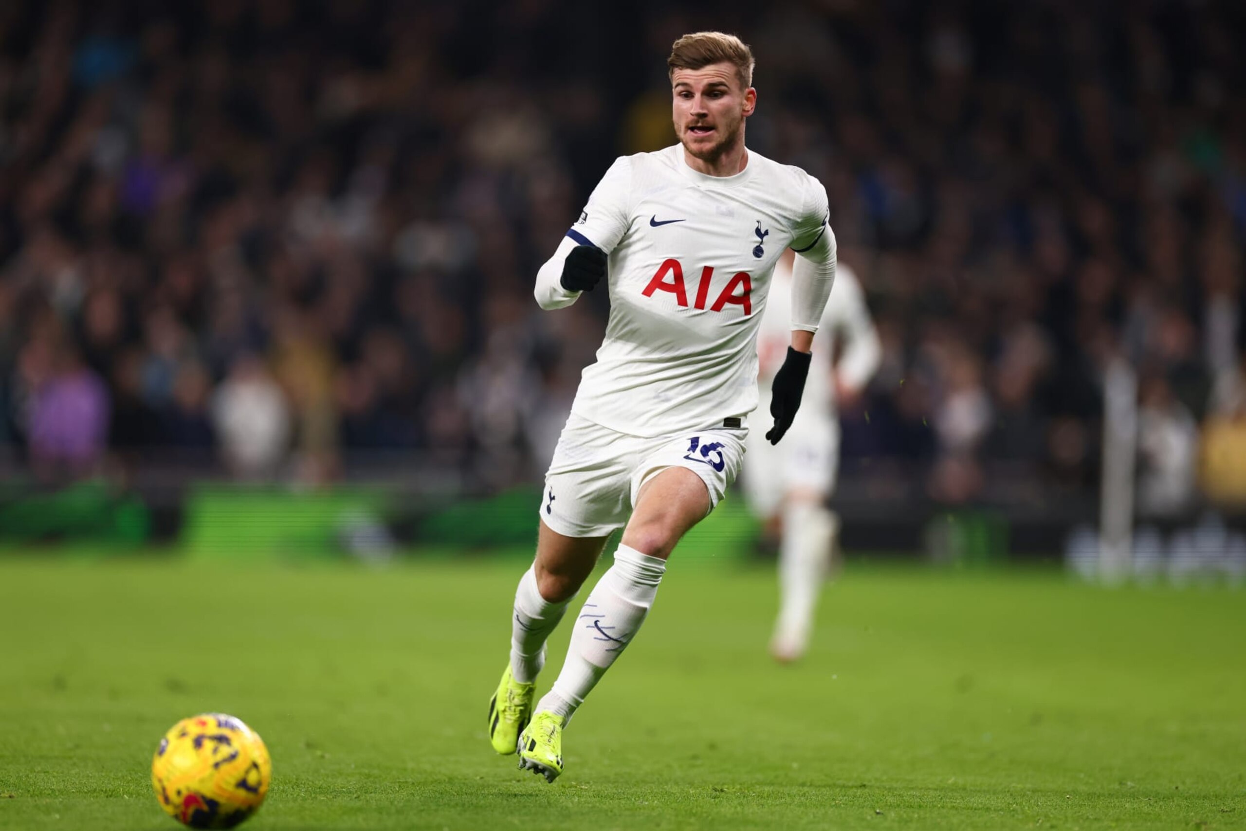 LONDON, ENGLAND - JANUARY 31: Timo Werner of Tottenham Hotspur during the Premier League match between Tottenham Hotspur and Brentford FC at Tottenham Hotspur Stadium on January 31, 2024 in London, England. (Photo by Marc Atkins/Getty Images)