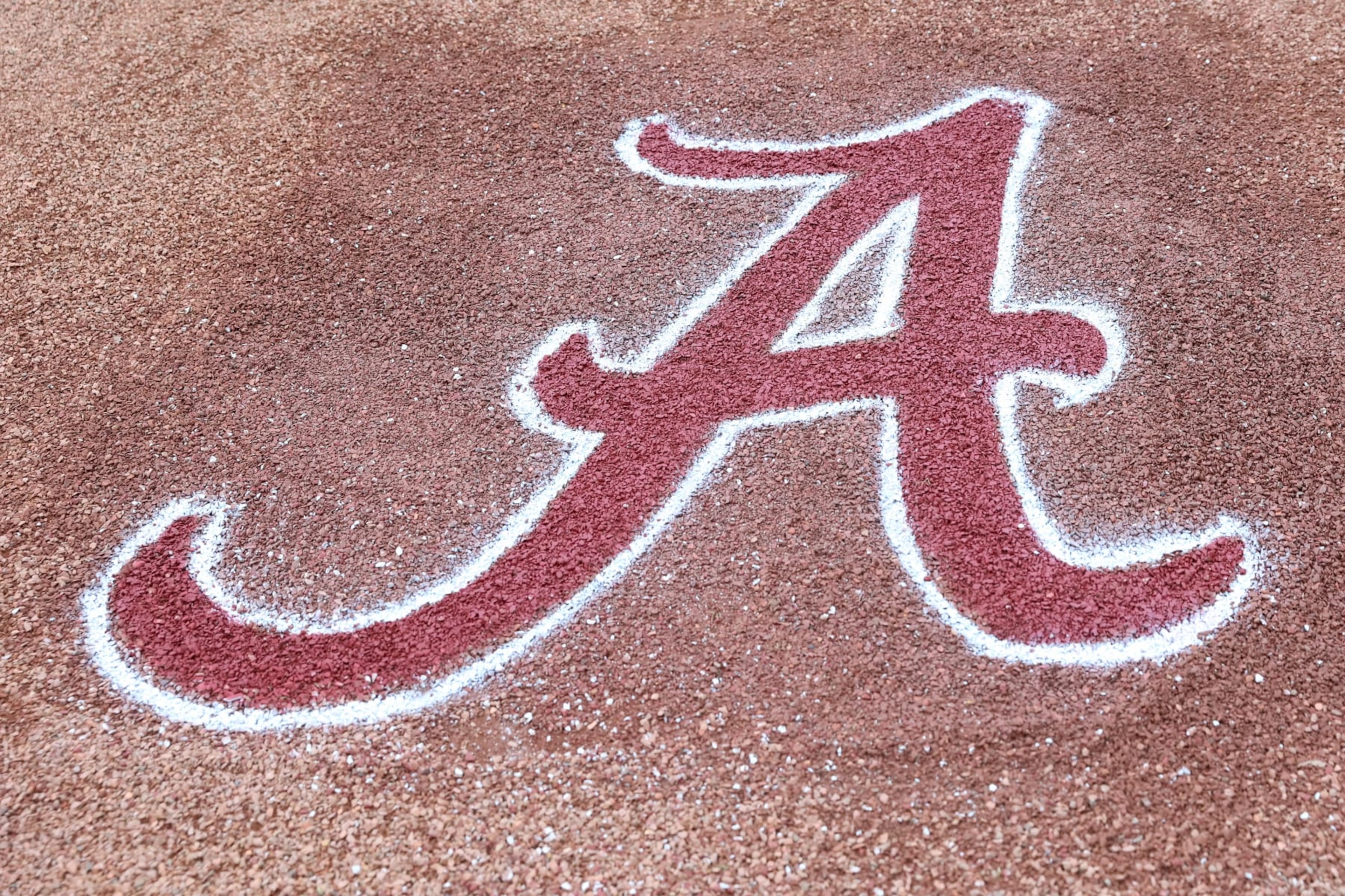 HOOVER, AL - MAY 24: A general view of the Alabama Crimson Tide  logo during the 2023 SEC Baseball Tournament game between the Alabama Crimson Tide and the Florida Gators on May 24, 2023 at Hoover Metropolitan Stadium in Hoover, Alabama.  (Photo by Michael Wade/Icon Sportswire via Getty Images)