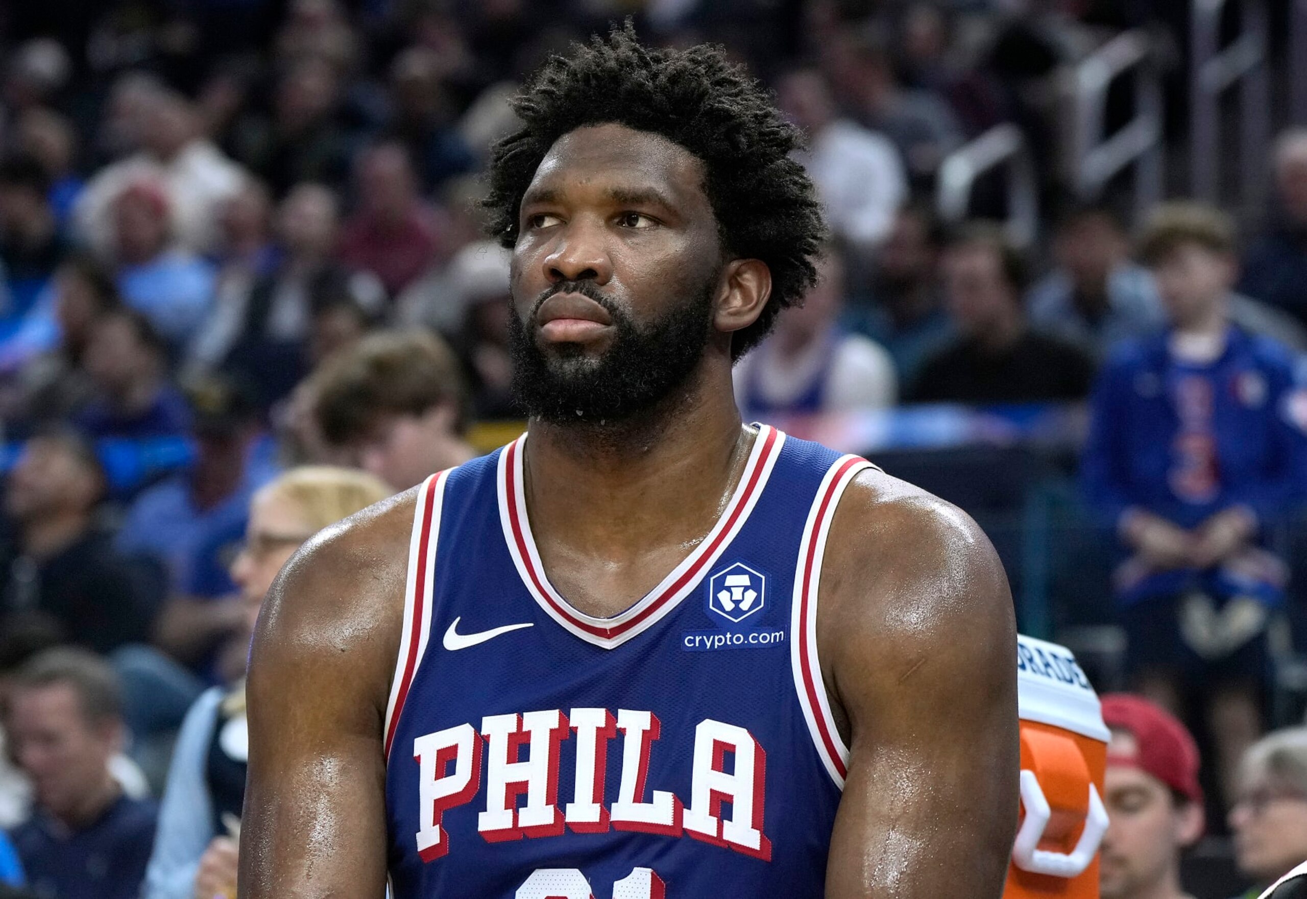 SAN FRANCISCO, CALIFORNIA - JANUARY 30: Joel Embiid #21 of the Philadelphia 76ers looks on from the bench against the Golden State Warriors during the fourth quarter of an NBA basketball game at Chase Center on January 30, 2024 in San Francisco, California. NOTE TO USER: User expressly acknowledges and agrees that, by downloading and or using this photograph, User is consenting to the terms and conditions of the Getty Images License Agreement. (Photo by Thearon W. Henderson/Getty Images) SAN FRANCISCO, CALIFORNIA - JANUARY 30: Joel Embiid #21 of the Philadelphia 76ers looks on from the bench against the Golden State Warriors during the fourth quarter of an NBA basketball game at Chase Center on January 30, 2024 in San Francisco, California. NOTE TO USER: User expressly acknowledges and agrees that, by downloading and or using this photograph, User is consenting to the terms and conditions of the Getty Images License Agreement. (Photo by Thearon W. Henderson/Getty Images)