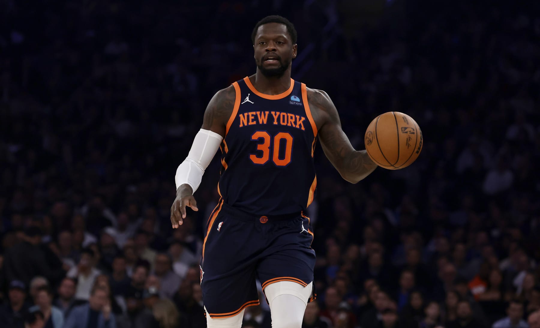 NEW YORK, NEW YORK - JANUARY 25: (NEW YORK DAILIES OUT)  Julius Randle #30 of the New York Knicks in action against the Denver Nuggets at Madison Square Garden on January 25, 2024 in New York City. The Knicks defeated the Nuggets 122-84.  NOTE TO USER: User expressly acknowledges and agrees that, by downloading and or using this photograph, User is consenting to the terms and conditions of the Getty Images License Agreement. (Photo by Jim McIsaac/Getty Images)