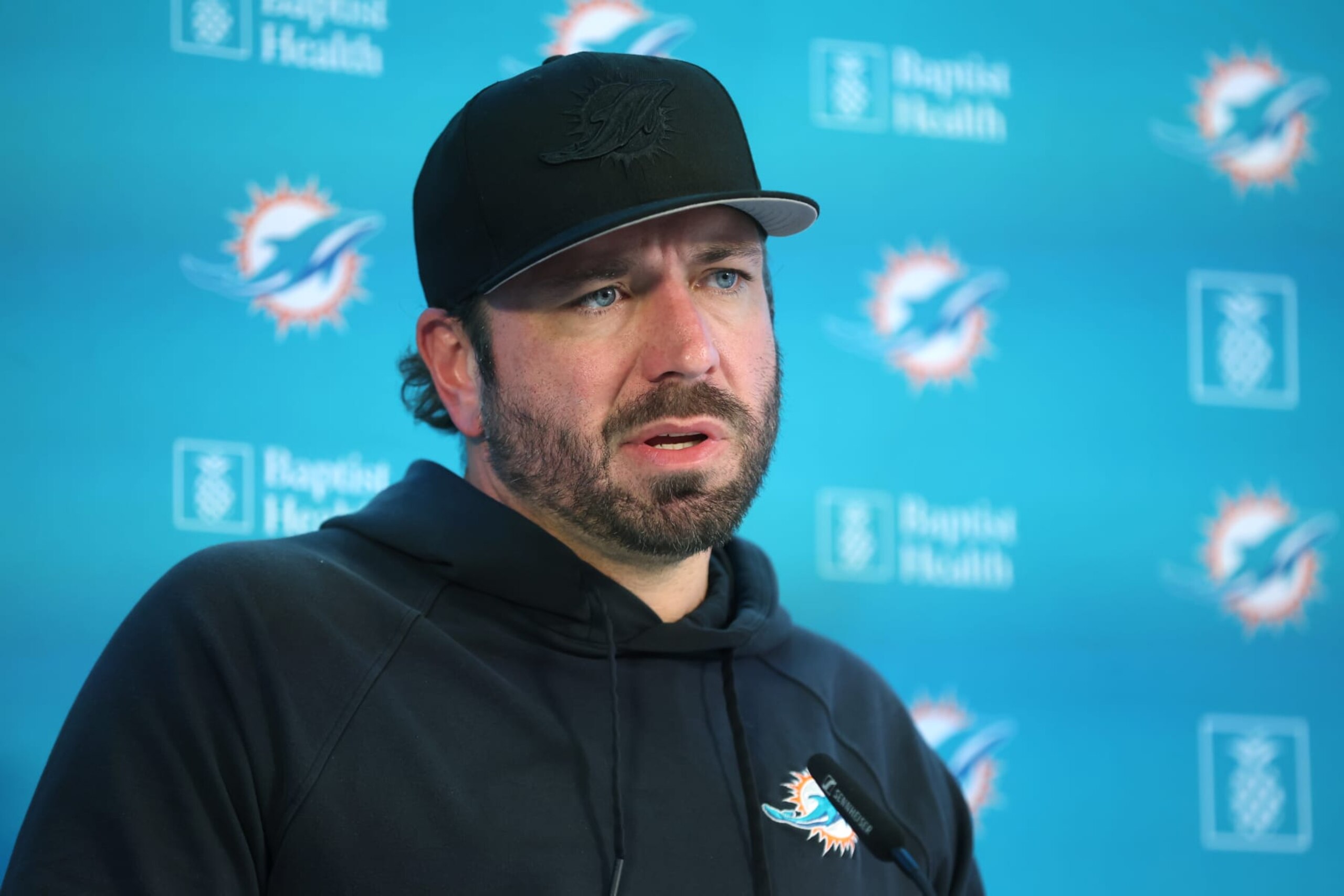 FRANKFURT AM MAIN, GERMANY - NOVEMBER 02: Offensive Coordinator Frank Smith talks to the media during a Miami Dolphins press conference at PSD Bank Stadion on November 02, 2023 in Frankfurt am Main, Germany. (Photo by Alex Grimm/Getty Images)