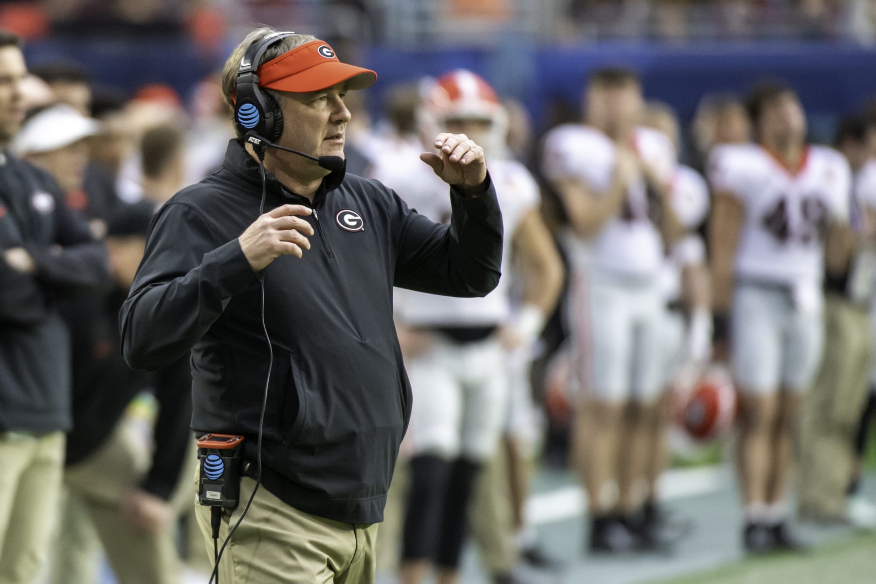 MIAMI GARDENS, FL - DECEMBER 30: Georgia head coach Kirby Smart gestures on the sidelines during the Capital One Orange Bowl college football game between the Georgia Bulldogs and the Florida State Seminoles on December 30, 2023 at the Hard Rock Stadium in Miami Gardens, FL. (Photo by Doug Murray/Icon Sportswire via Getty Images)