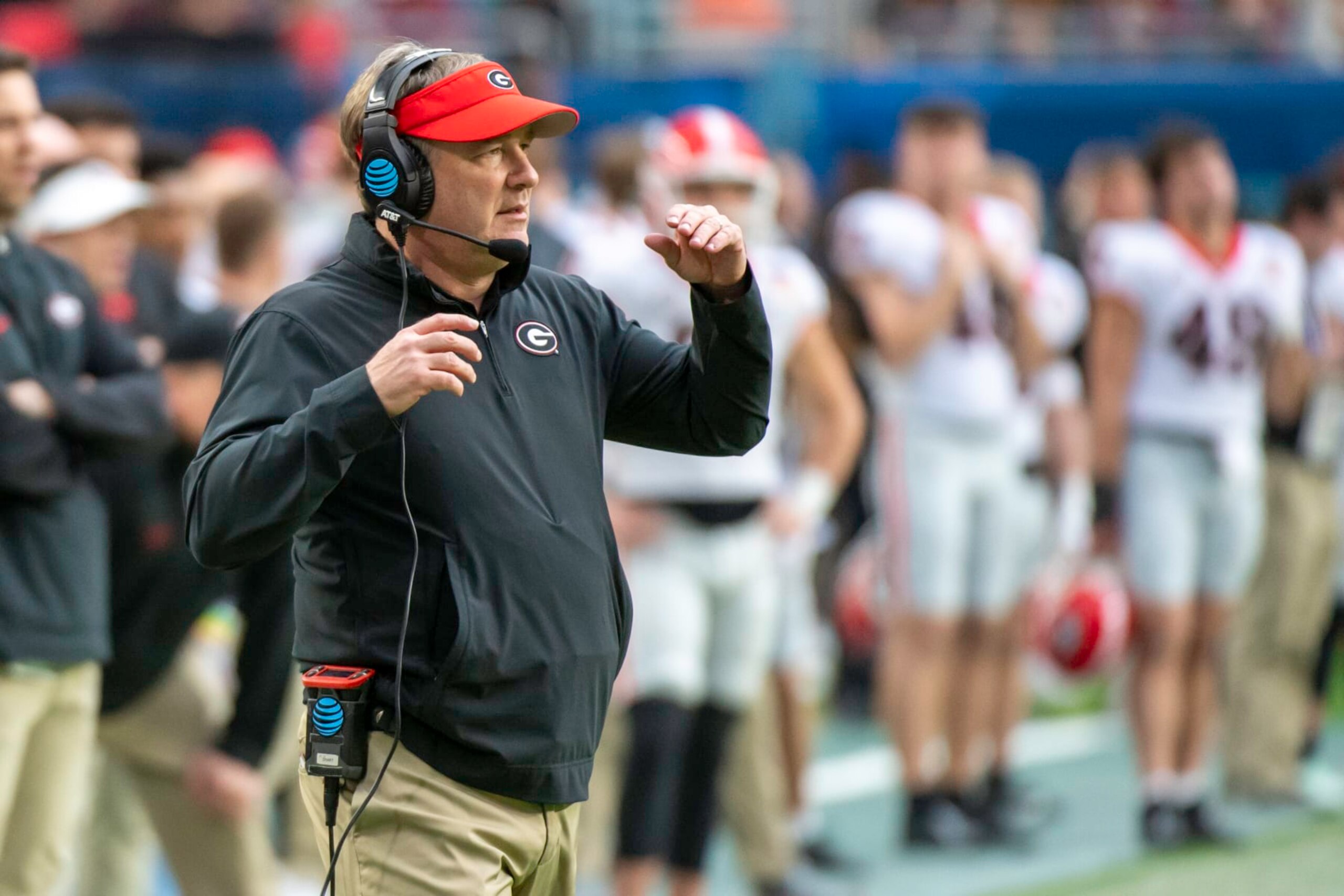 MIAMI GARDENS, FL - DECEMBER 30: Georgia head coach Kirby Smart gestures on the sidelines during the Capital One Orange Bowl college football game between the Georgia Bulldogs and the Florida State Seminoles on December 30, 2023 at the Hard Rock Stadium in Miami Gardens, FL. (Photo by Doug Murray/Icon Sportswire via Getty Images)