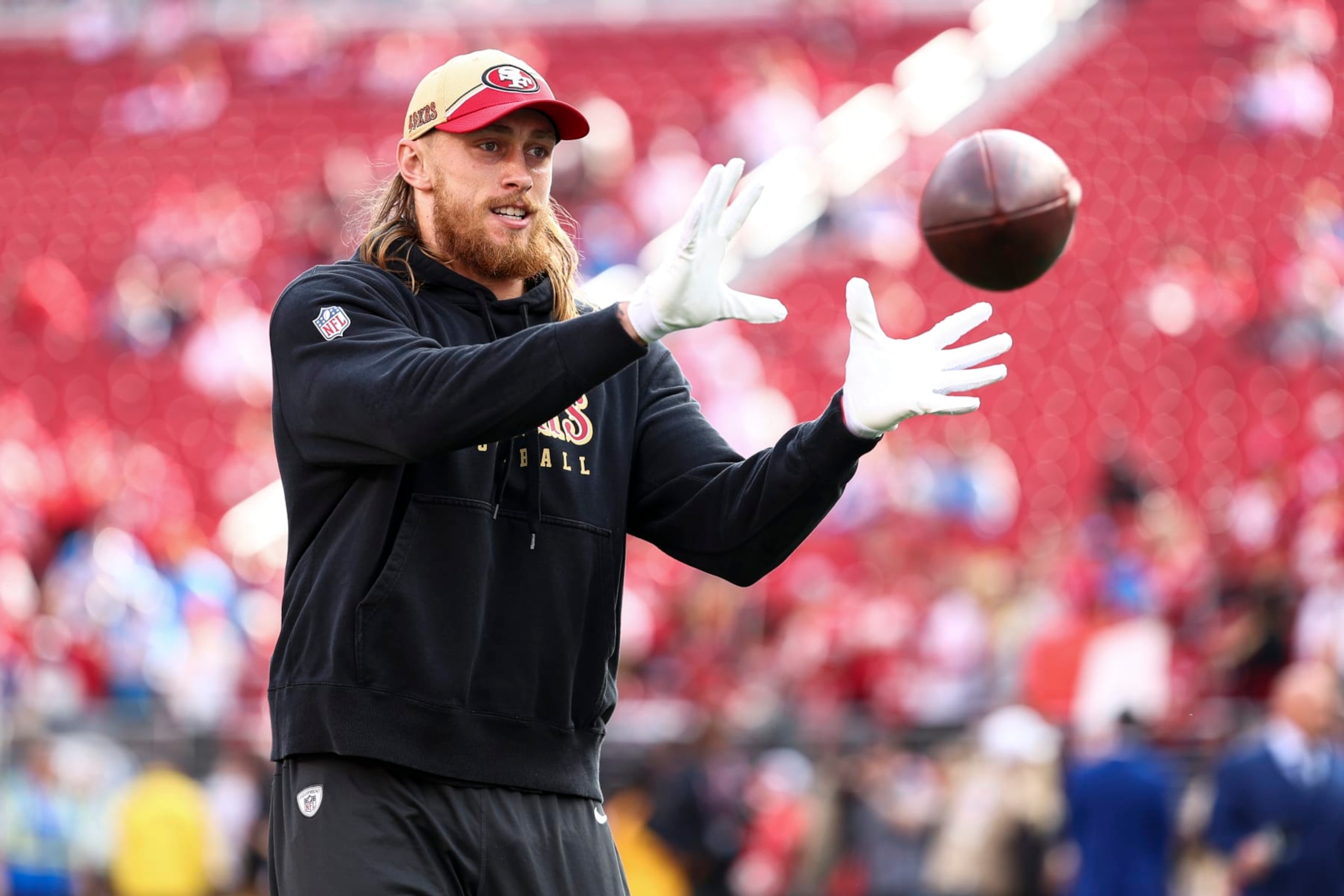SANTA CLARA, CA - JANUARY 28: George Kittle #85 of the San Francisco 49ers warms up prior to the NFC Championship NFL football game against the Detroit Lions at Levi's Stadium on January 28, 2024 in Santa Clara, California. (Photo by Kevin Sabitus/Getty Images)