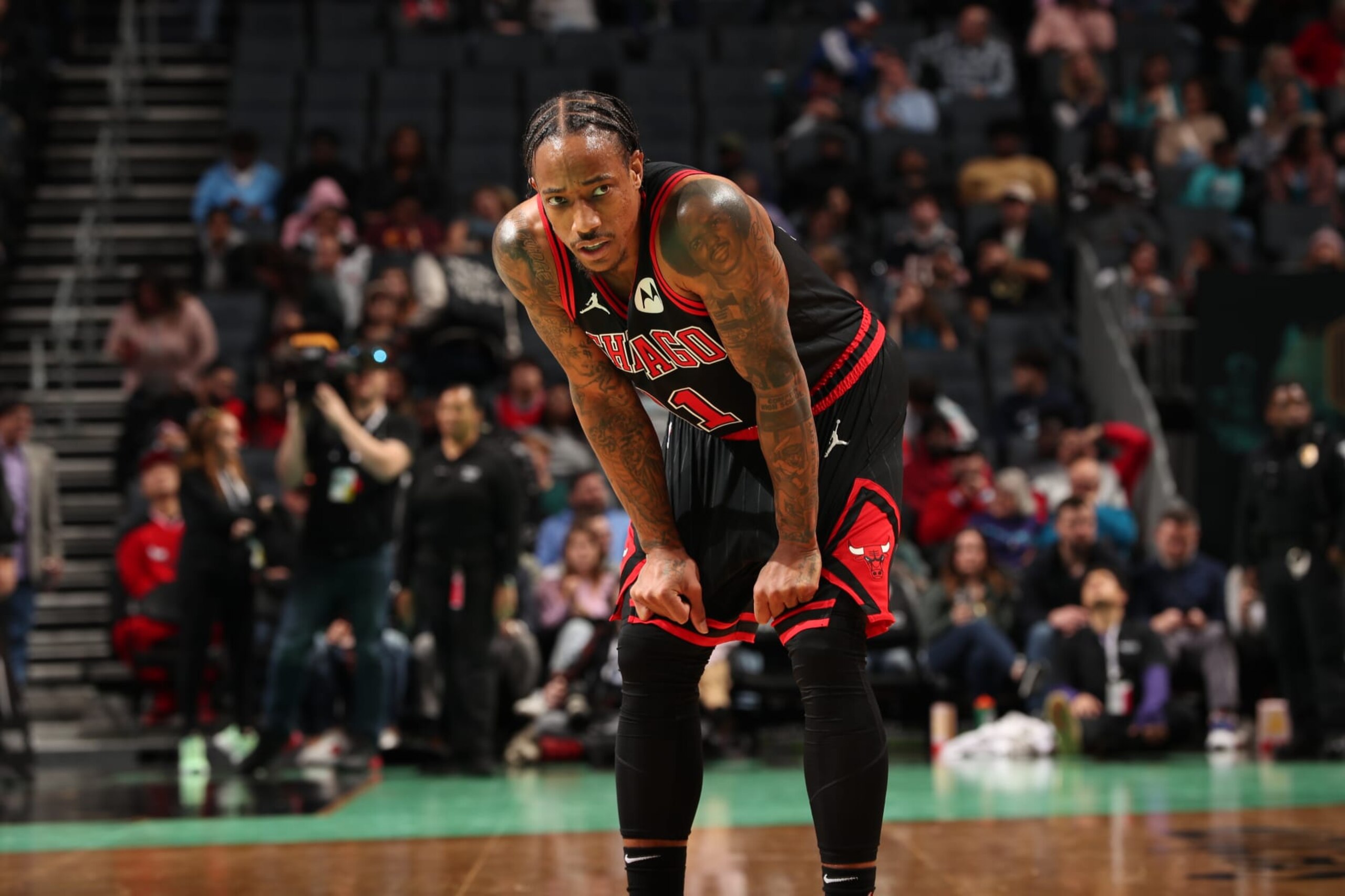 CHARLOTTE, NC - JANUARY 31: DeMar DeRozan #11 of the Chicago Bulls looks on during the game against the Charlotte Hornets on January 31, 2024 at Spectrum Center in Charlotte, North Carolina. NOTE TO USER: User expressly acknowledges and agrees that, by downloading and or using this photograph, User is consenting to the terms and conditions of the Getty Images License Agreement. Mandatory Copyright Notice: Copyright 2024 NBAE (Photo by Kent Smith/NBAE via Getty Images)