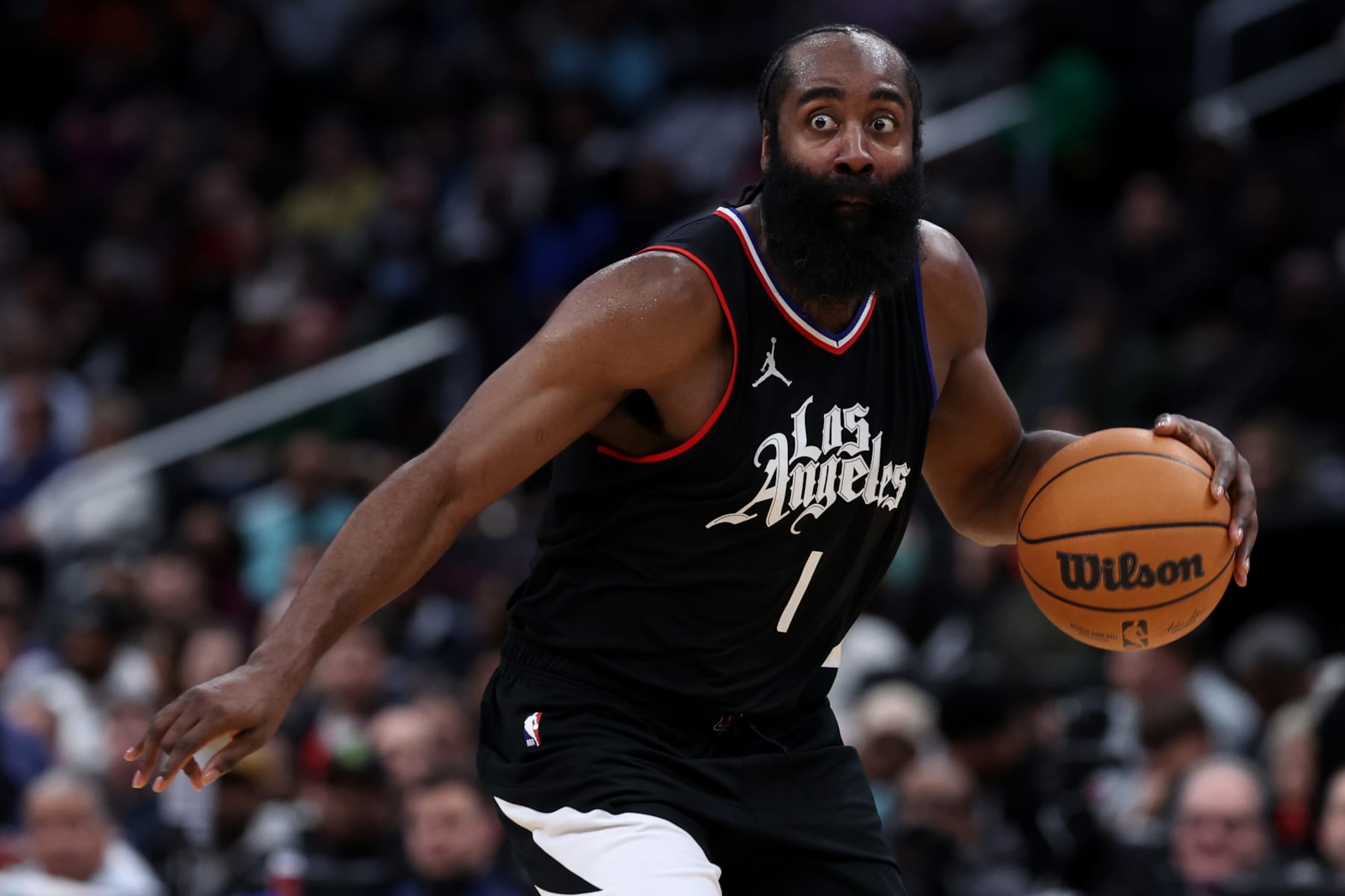 WASHINGTON, DC - JANUARY 31: James Harden #1 of the LA Clippers dribbles against the Washington Wizards during second half at Capital One Arena on January 31, 2024 in Washington, DC. NOTE TO USER: User expressly acknowledges and agrees that, by downloading and or using this photograph, User is consenting to the terms and conditions of the Getty Images License Agreement. (Photo by Patrick Smith/Getty Images)