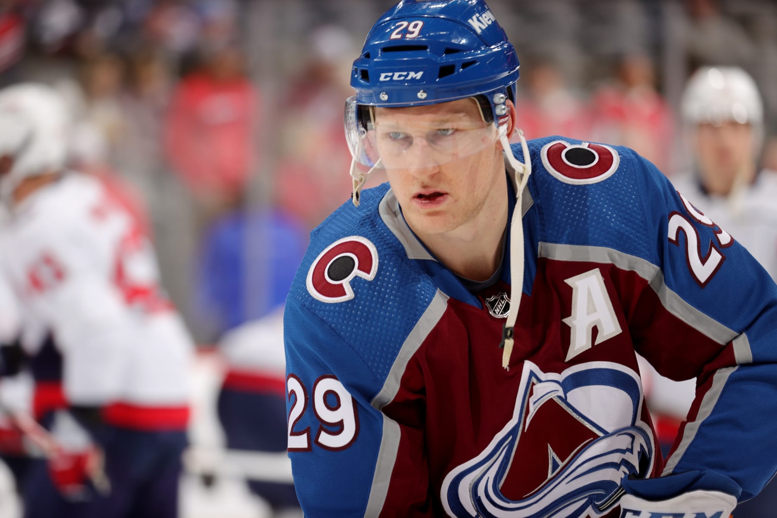 DENVER, COLORADO - JANUARY 24: Nathan MacKinnon #29 of the Colorado Avalanche skates prior to the game against the Washington Capitals at Ball Arena on January 24, 2024 in Denver, Colorado. (Photo by Michael Martin/NHLI via Getty Images)