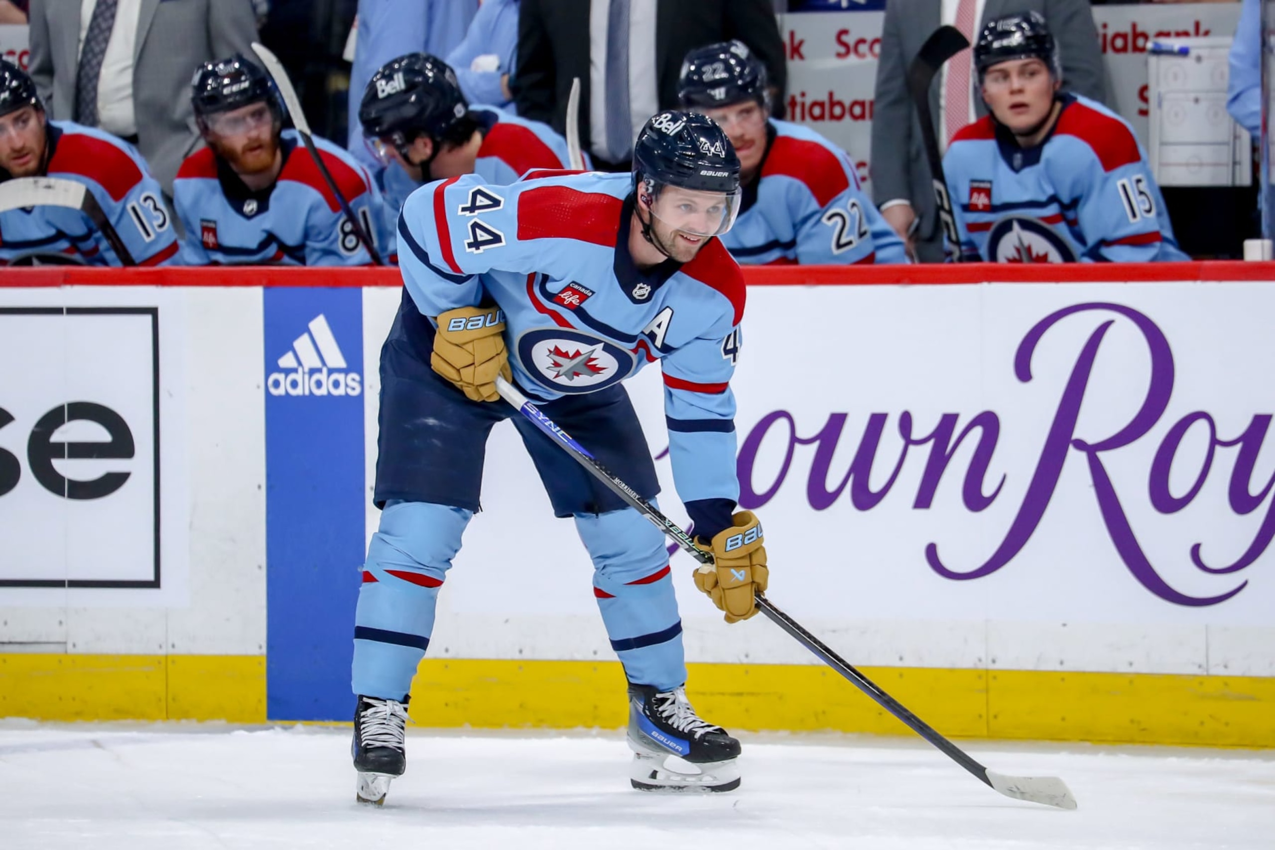 WINNIPEG, CANADA - JANUARY 27: Josh Morrissey #44 of the Winnipeg Jets gets set to take a second period face-off against the Toronto Maple Leafs at the Canada Life Centre on January 27, 2024 in Winnipeg, Manitoba, Canada. (Photo by Darcy Finley/NHLI via Getty Images)