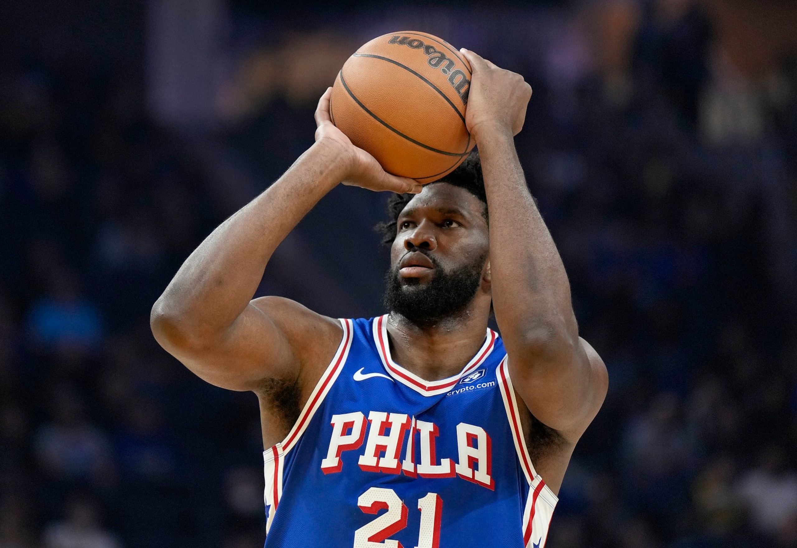 SAN FRANCISCO, CALIFORNIA - JANUARY 30: Joel Embiid #21 of the Philadelphia 76ers shoots a technical foul shot against the Golden State Warriors during the first quarter of an NBA basketball game at Chase Center on January 30, 2024 in San Francisco, California. NOTE TO USER: User expressly acknowledges and agrees that, by downloading and or using this photograph, User is consenting to the terms and conditions of the Getty Images License Agreement. (Photo by Thearon W. Henderson/Getty Images) SAN FRANCISCO, CALIFORNIA - JANUARY 30: Joel Embiid #21 of the Philadelphia 76ers shoots a technical foul shot against the Golden State Warriors during the first quarter of an NBA basketball game at Chase Center on January 30, 2024 in San Francisco, California. NOTE TO USER: User expressly acknowledges and agrees that, by downloading and or using this photograph, User is consenting to the terms and conditions of the Getty Images License Agreement. (Photo by Thearon W. Henderson/Getty Images)