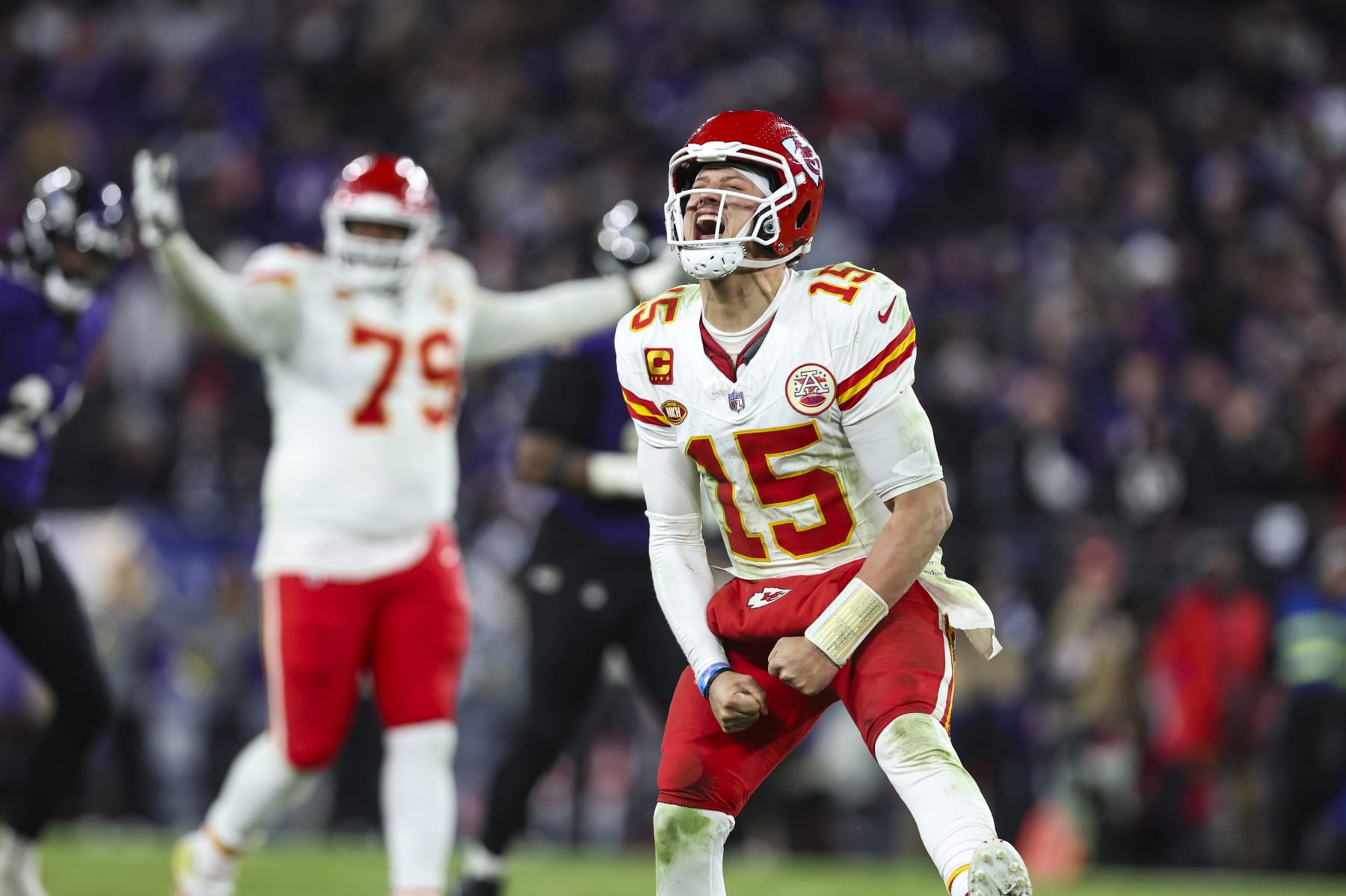 BALTIMORE, MD - JANUARY 28: Patrick Mahomes #15 of the Kansas City Chiefs celebrates during the AFC Championship NFL football game against the Baltimore Ravens at M&T Bank Stadium on January 28, 2024 in Baltimore, Maryland. (Photo by Perry Knotts/Getty Images)