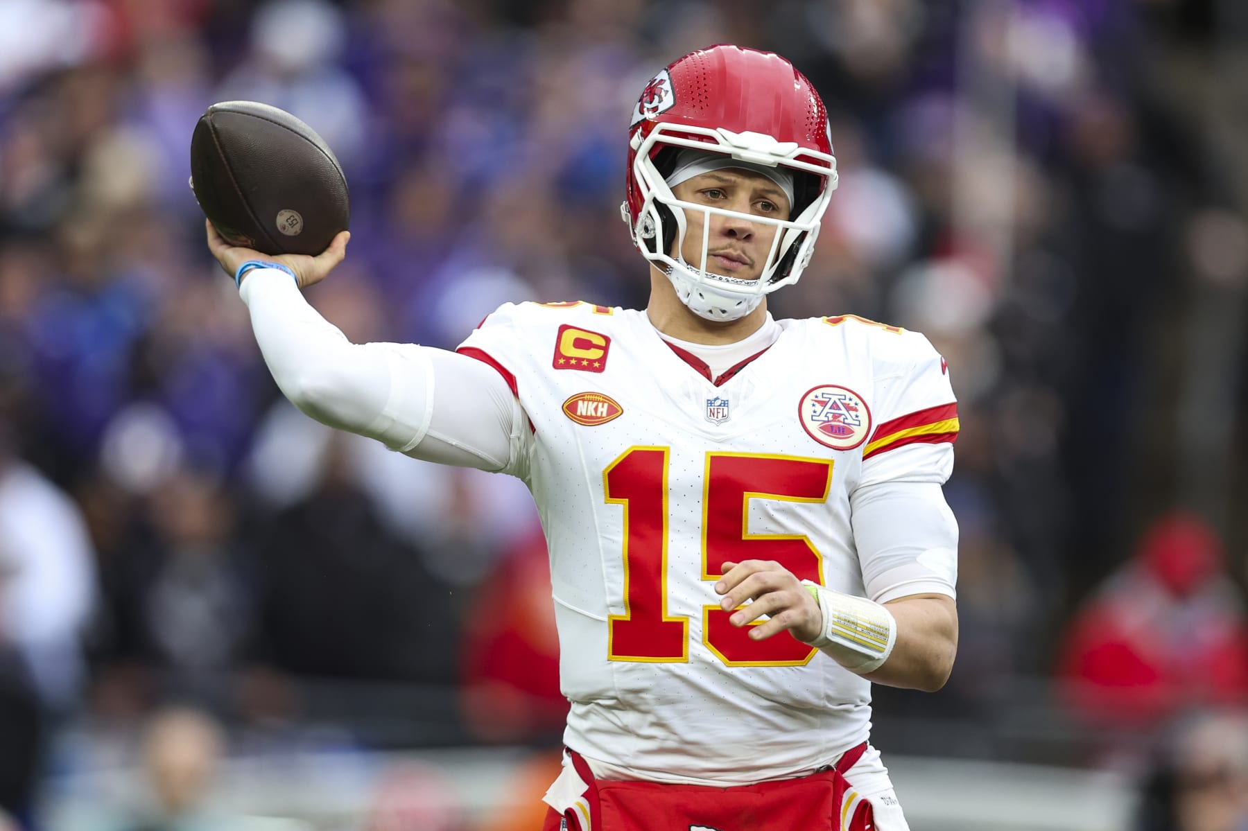 BALTIMORE, MD - JANUARY 28: Patrick Mahomes #15 of the Kansas City Chiefs throws the ball during the AFC Championship NFL football game against the Baltimore Ravens at M&T Bank Stadium on January 28, 2024 in Baltimore, Maryland. (Photo by Perry Knotts/Getty Images)