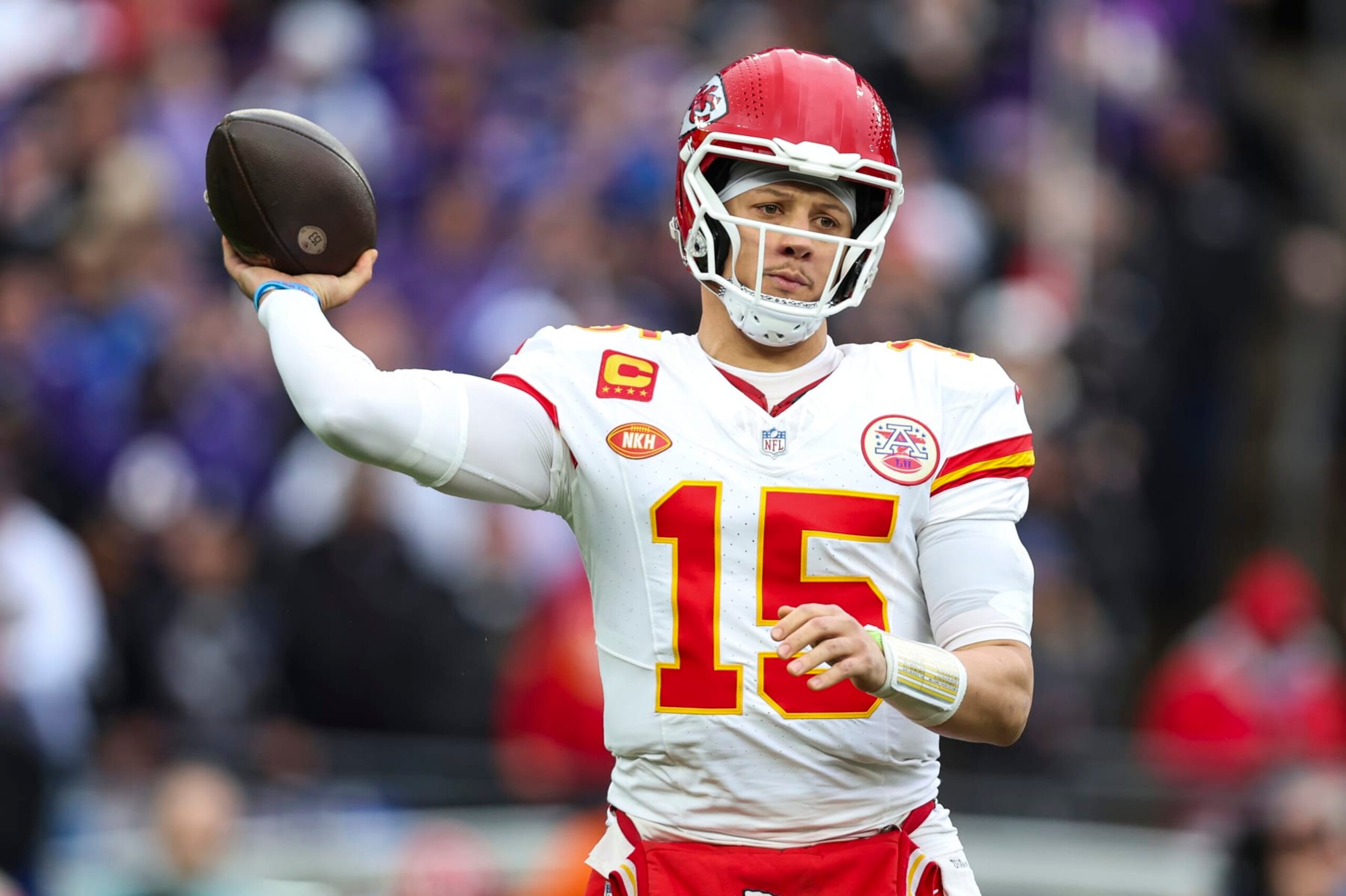 BALTIMORE, MD - JANUARY 28: Patrick Mahomes #15 of the Kansas City Chiefs throws the ball during the AFC Championship NFL football game against the Baltimore Ravens at M&T Bank Stadium on January 28, 2024 in Baltimore, Maryland. (Photo by Perry Knotts/Getty Images)