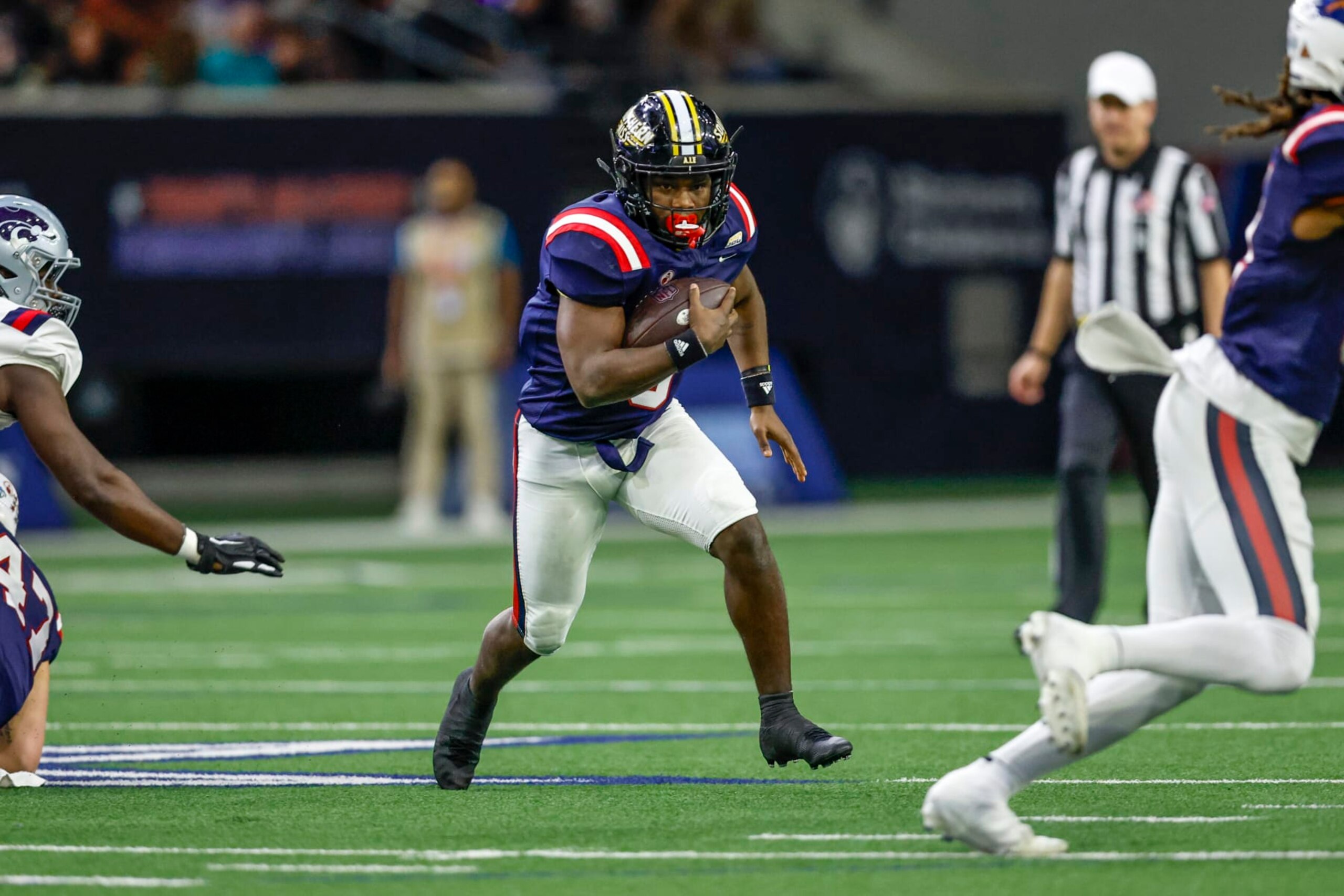 FRISCO, TX - FEBRUARY 01: West Team running back Frank Gore Jr. (3) finds a hole in the line of scrimmage during the East-West Shrine Bowl on February 1, 2024 at the Ford Center at The Star in Frisco, Texas. (Photo by Matthew Pearce/Icon Sportswire via Getty Images)