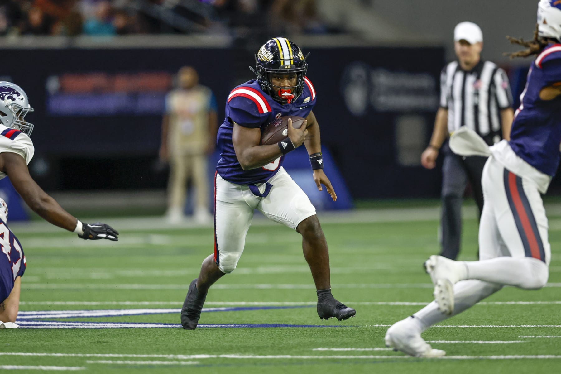 FRISCO, TX - FEBRUARY 01: West Team running back Frank Gore Jr. (3) finds a hole in the line of scrimmage during the East-West Shrine Bowl on February 1, 2024 at the Ford Center at The Star in Frisco, Texas. (Photo by Matthew Pearce/Icon Sportswire via Getty Images)