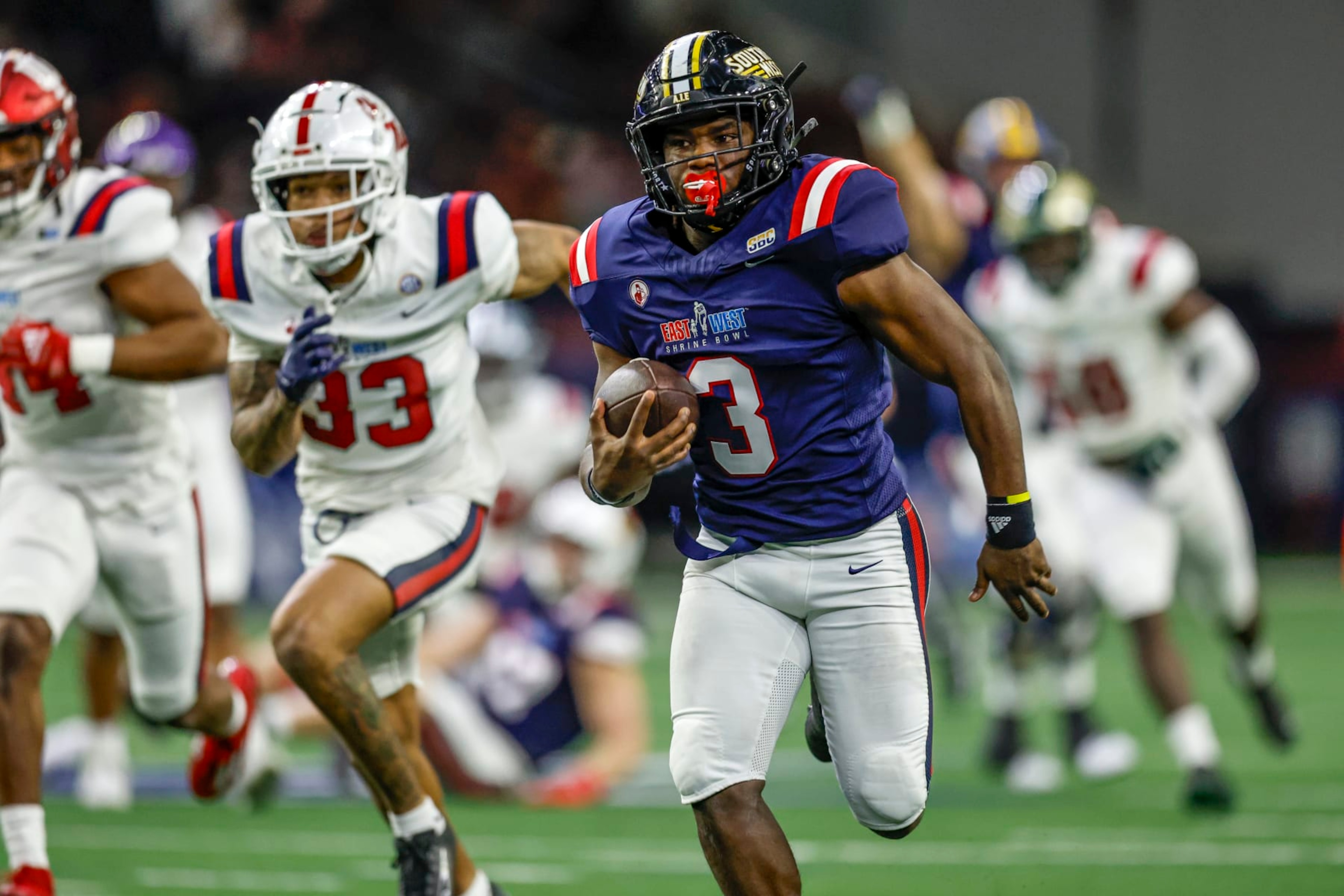 FRISCO, TX - FEBRUARY 01: West Team running back Frank Gore Jr. (3) runs for a touchdown during the East-West Shrine Bowl on February 1, 2024 at the Ford Center at The Star in Frisco, Texas. (Photo by Matthew Pearce/Icon Sportswire via Getty Images)