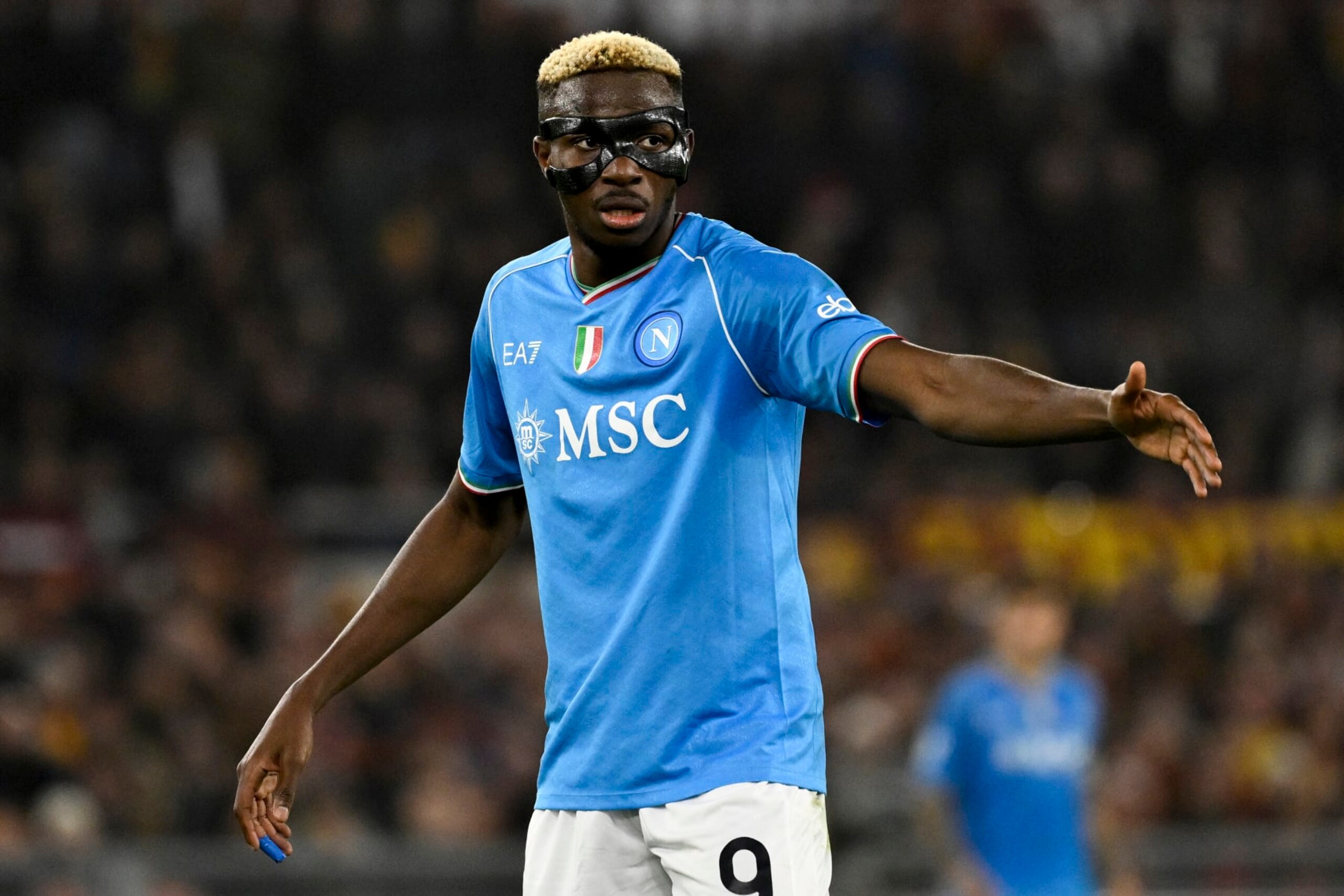 OLIMPICO STADIUM, ROME, ITALY - 2023/12/23: Victor Osimhen of SSC Napoli gestures during the Serie A football match between AS Roma and SSC Napoli. Roma won 2-0 over Napoli. (Photo by Andrea Staccioli/Insidefoto/LightRocket via Getty Images)