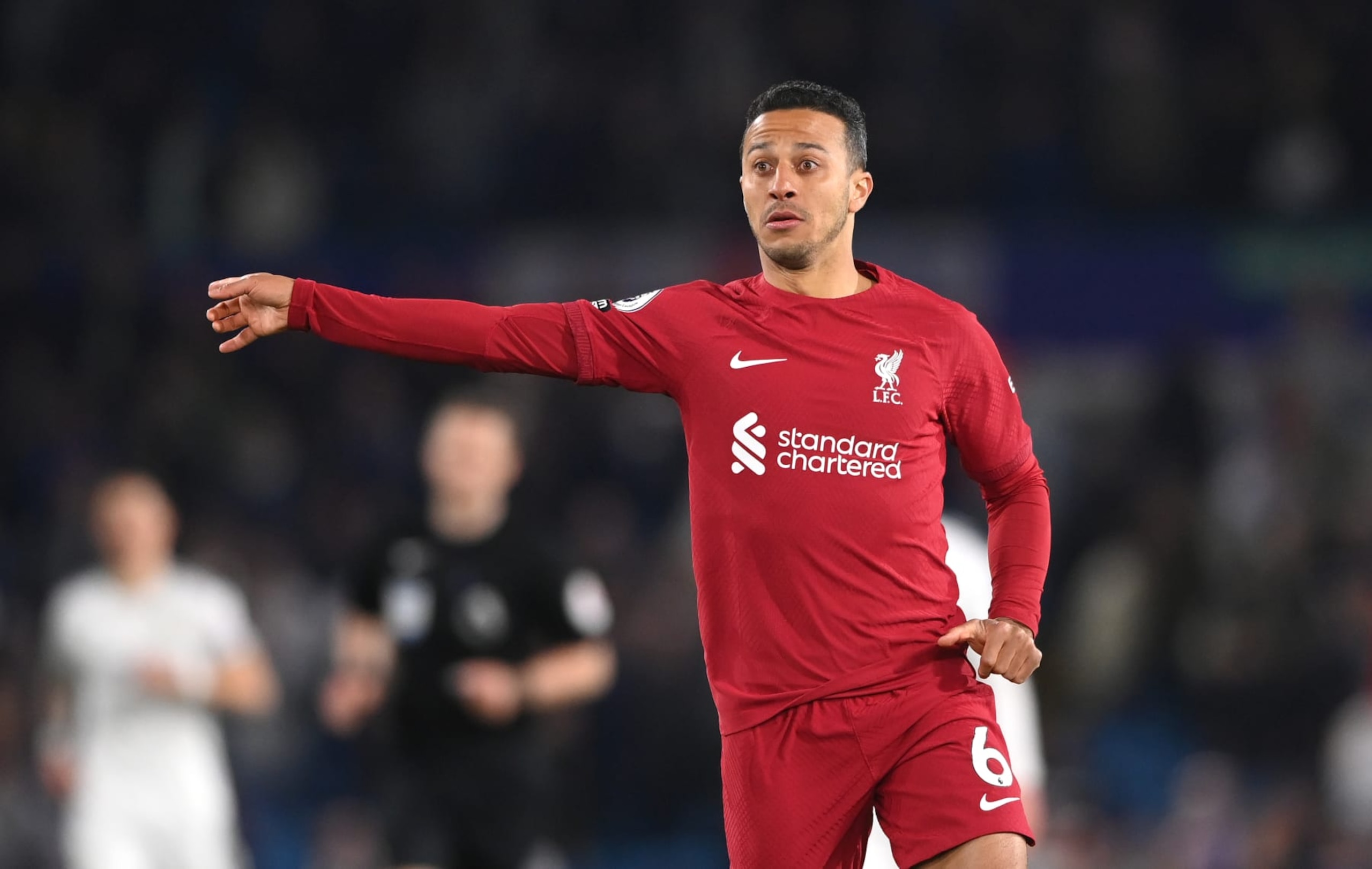 LEEDS, ENGLAND - APRIL 17: Liverpool player  Thiago Alcantara in action during the Premier League match between Leeds United and Liverpool FC at Elland Road on April 17, 2023 in Leeds, England. (Photo by Stu Forster/Getty Images)