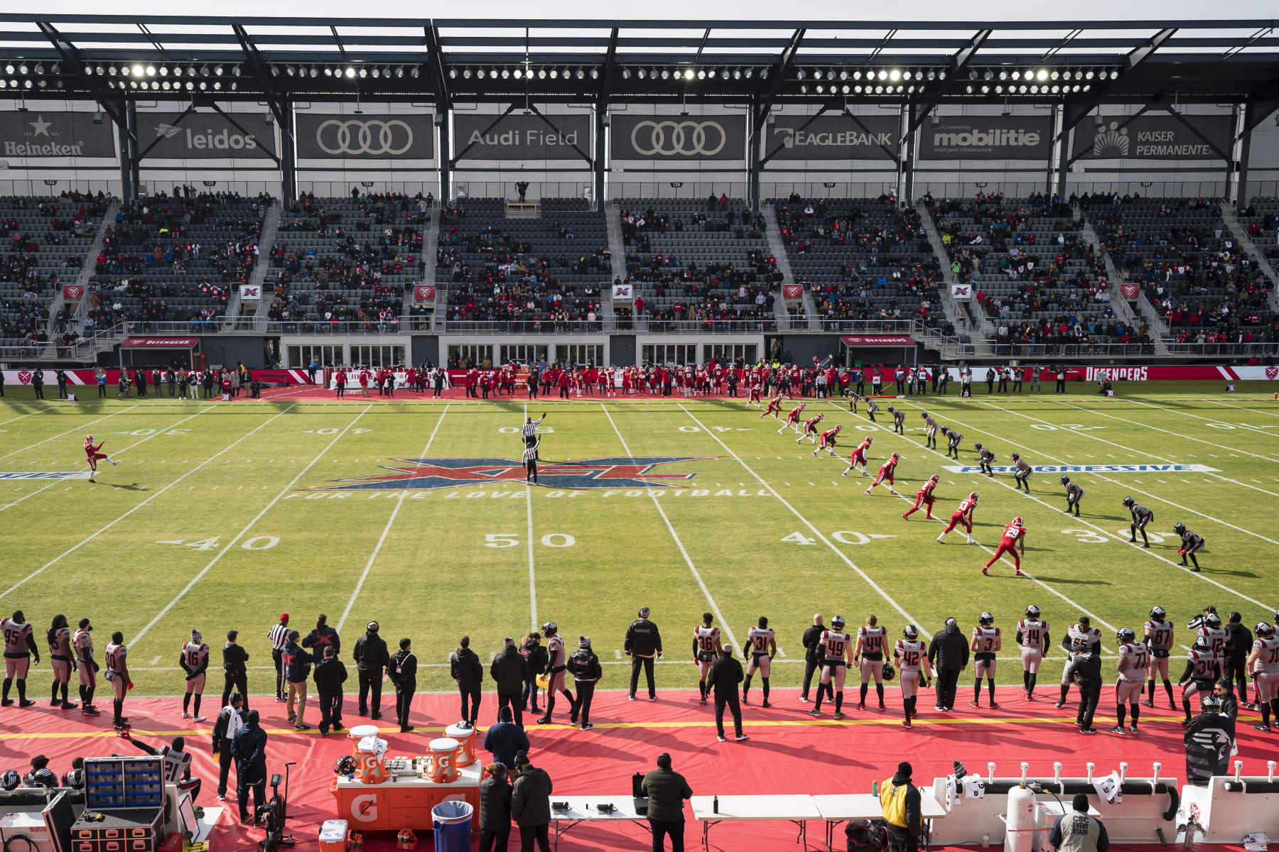 WASHINGTON, DC - FEBRUARY 15: A general view of the opening kick-off of the XFL game between the DC Defenders and the NY Guardians at Audi Field on February 15, 2020 in Washington, DC. (Photo by Scott Taetsch/Getty Images)
