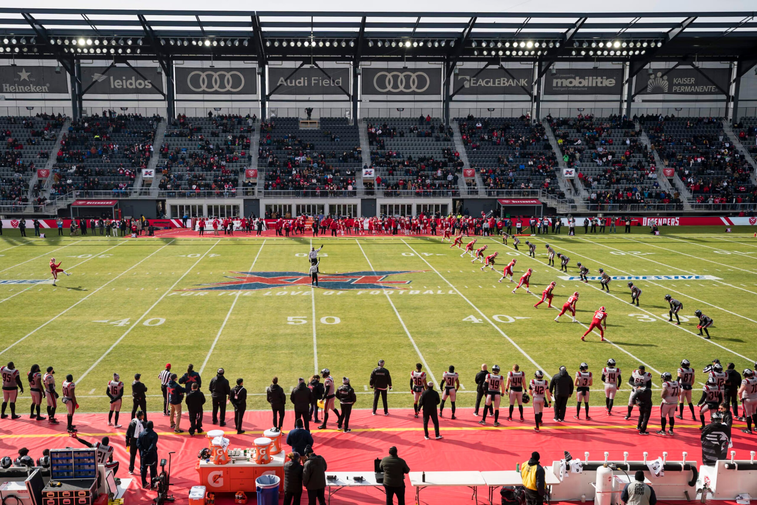WASHINGTON, DC - FEBRUARY 15: A general view of the opening kick-off of the XFL game between the DC Defenders and the NY Guardians at Audi Field on February 15, 2020 in Washington, DC. (Photo by Scott Taetsch/Getty Images)