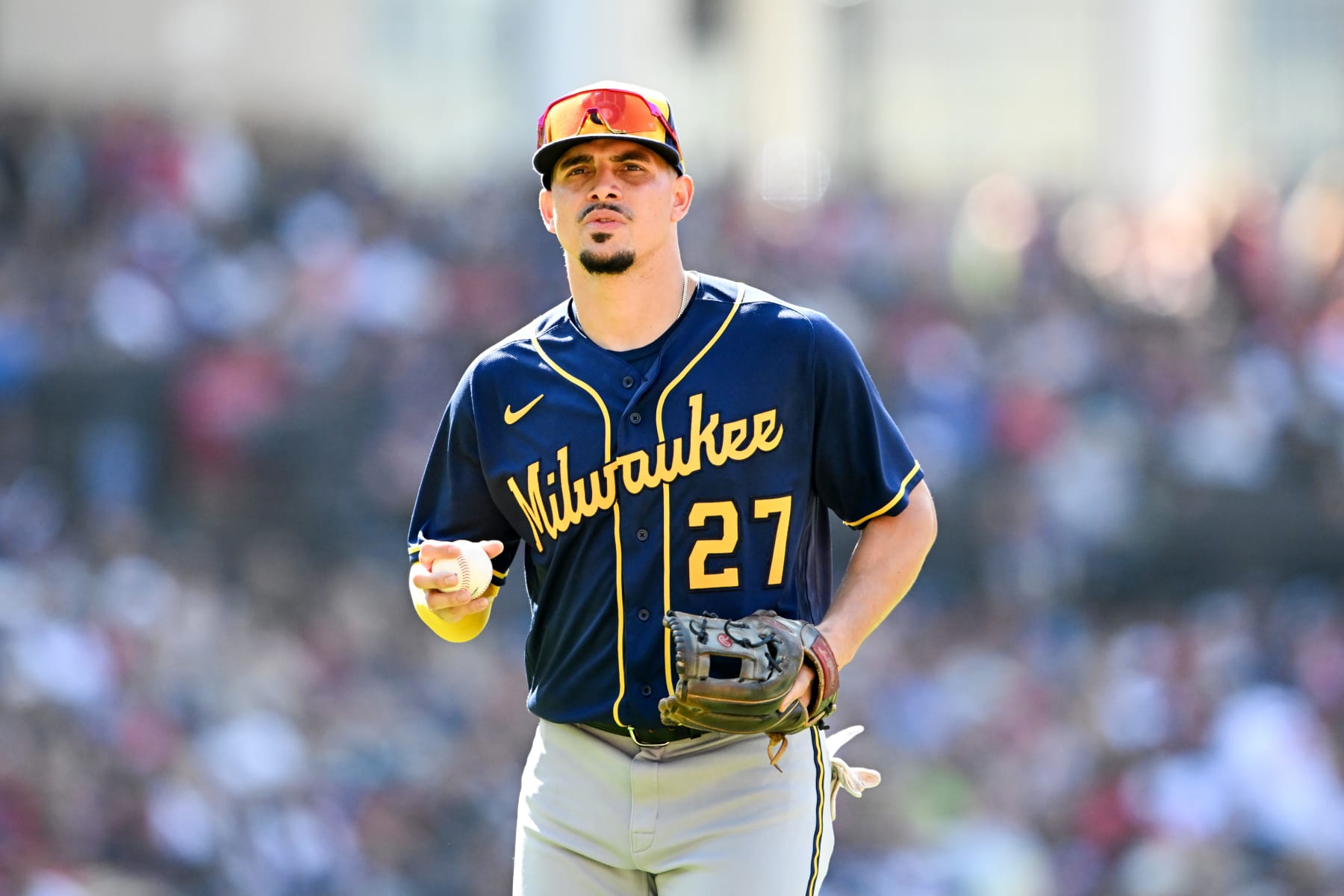 CLEVELAND, OHIO - JUNE 24: Willy Adames #27 of the Milwaukee Brewers runs off the field after the third inning against the Cleveland Guardians at Progressive Field on June 24, 2023 in Cleveland, Ohio. (Photo by Nick Cammett/Diamond Images via Getty Images)
